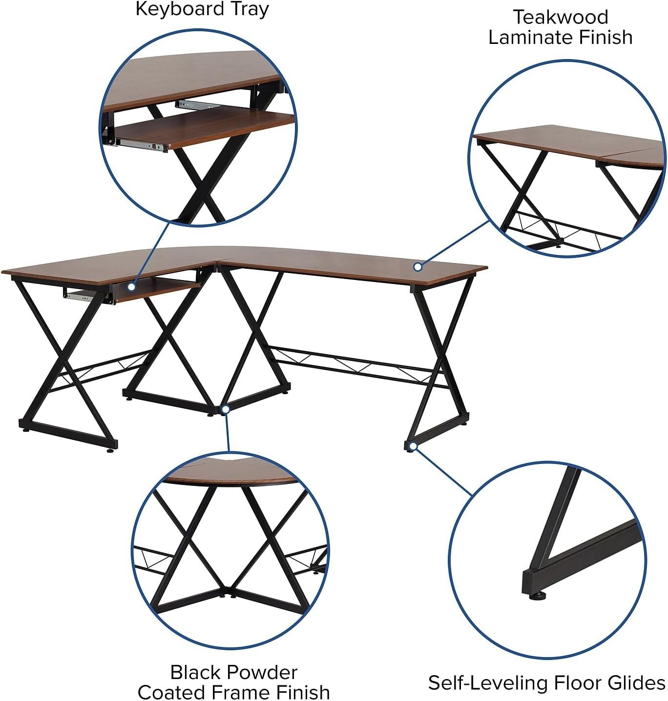 Flash Furniture Teakwood Laminate L-Shape Computer Desk with Pull-Out Keyboard Tray