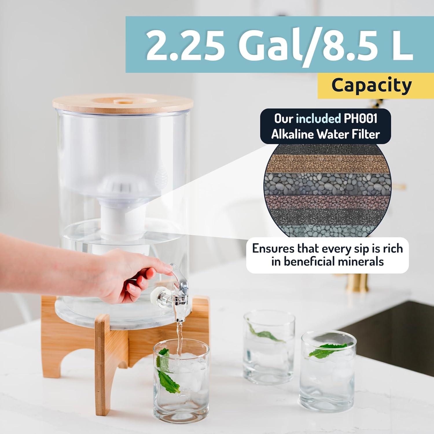 Invigorated Water pH Recharge Alkaline Water Filter Dispenser – BPA-Free Glass Countertop Water Filter Pitcher Purifier for Home & Office, 36-Cup Capacity, 360L Long Filter Life (Bamboo/Marble)