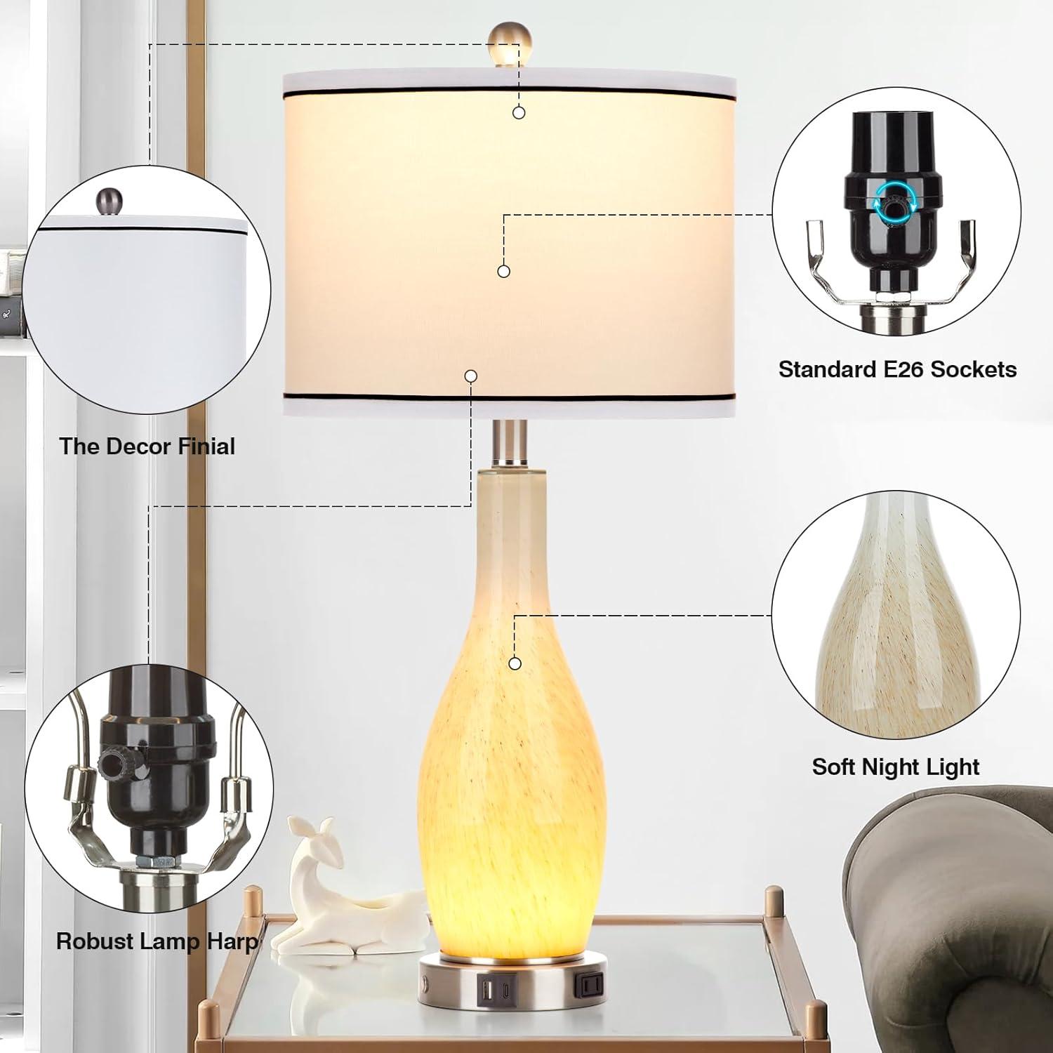 Ivy Bronx 27" Glass Table Lamps Set Of 2 With Nightlight, 3 Way Touch Control Modern Bedside Lamps With USB A+C Ports & AC Outlet, Boho Yellow Nightstand Lamps For Bedroom Living Room