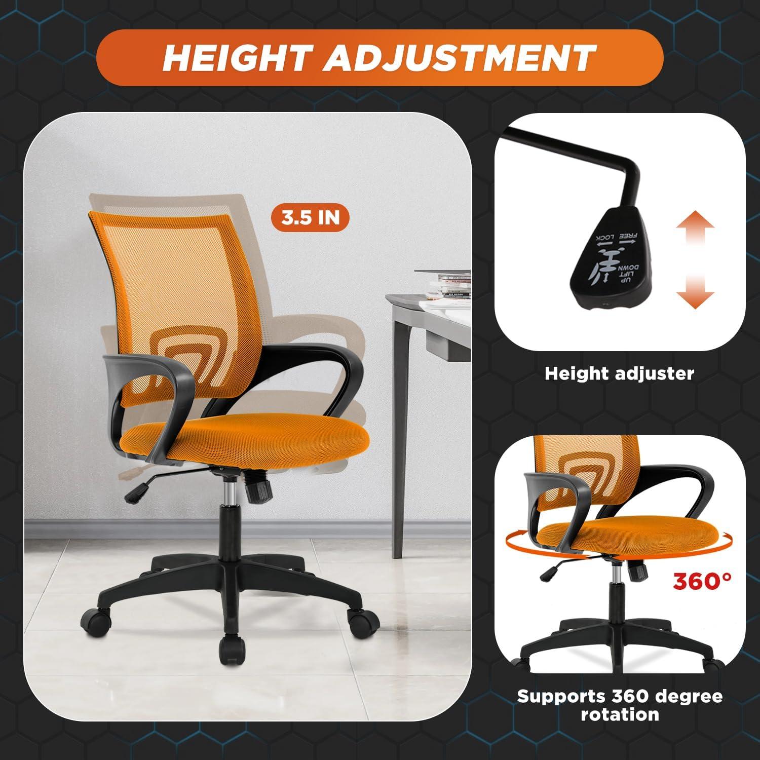 FDW Home Office Chair Mesh Computer Chair with Lumbar Support Armrest Adjustable Mid Back Task Chair for Women Adults, Orange