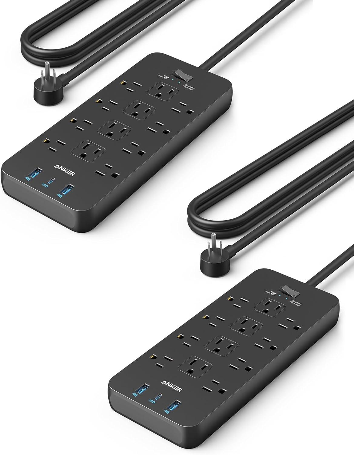 Black 12-Outlet Surge Protector Power Strip with USB Ports