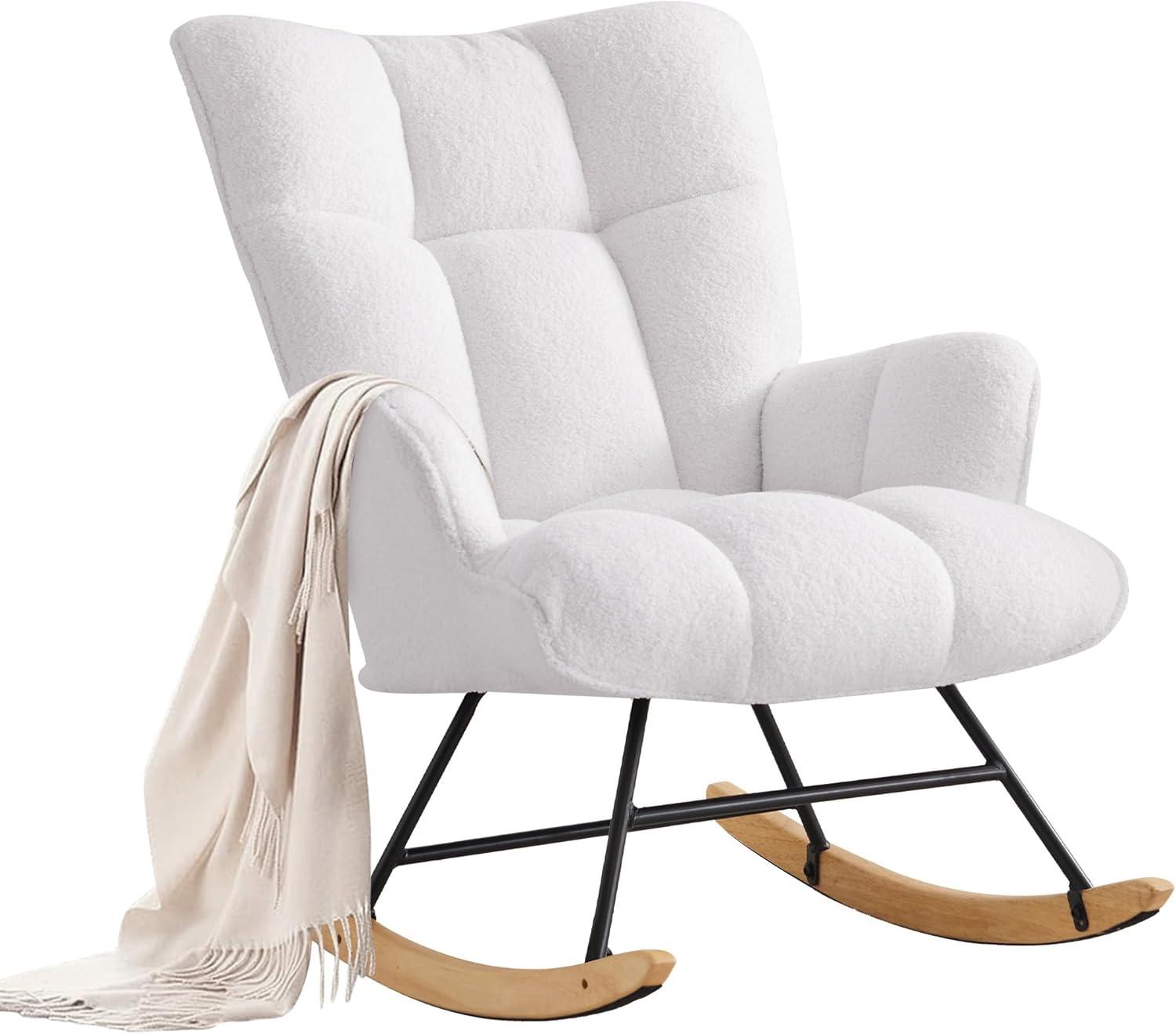 Nursery Rocking Chair Teddy, Upholstered Glider Rocker with High Backrest, Comfortable Stylish Accent Armchair with Padded Seat for Living Rooms, Bedrooms, Offices