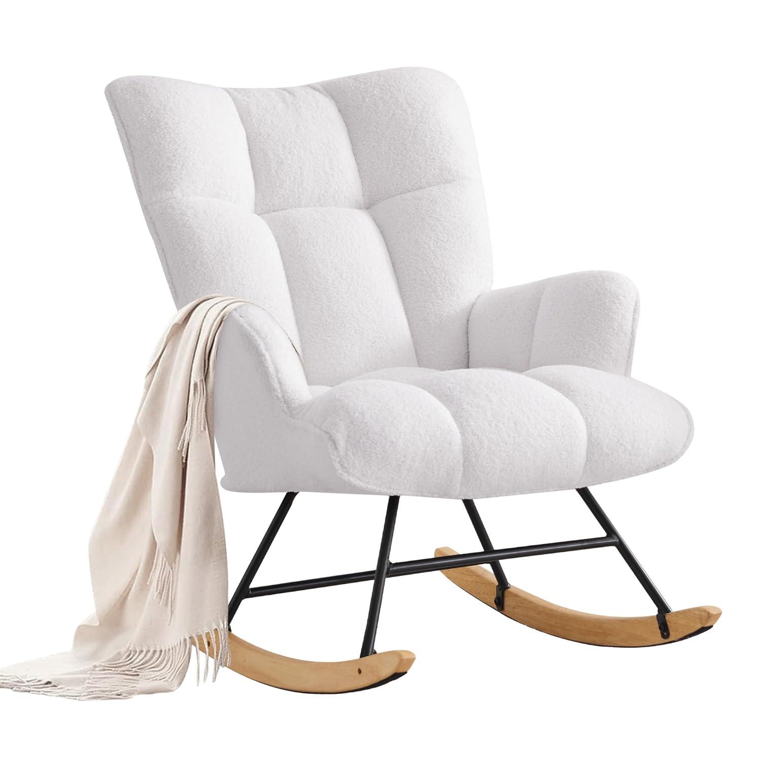 Nursery Rocking Chair Teddy, Upholstered Glider Rocker with High Backrest, Comfortable Stylish Accent Armchair with Padded Seat for Living Rooms, Bedrooms, Offices