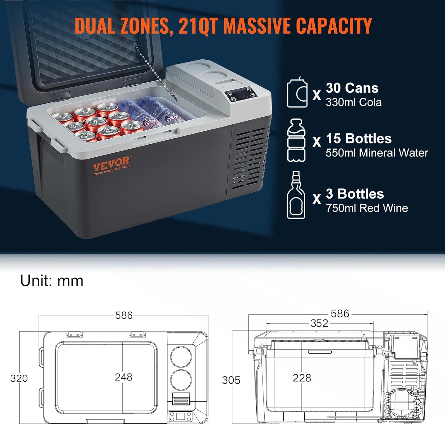 VEVORbrand Portable Car Refrigerator 21 Quart, 12V Electric Cooler for Car, Vehicle, Truck, RV, Boat, Mini fridge freezer for Driving, Travel, Fishing, Outdoor, Home-12/24V DC and 110-240v AC