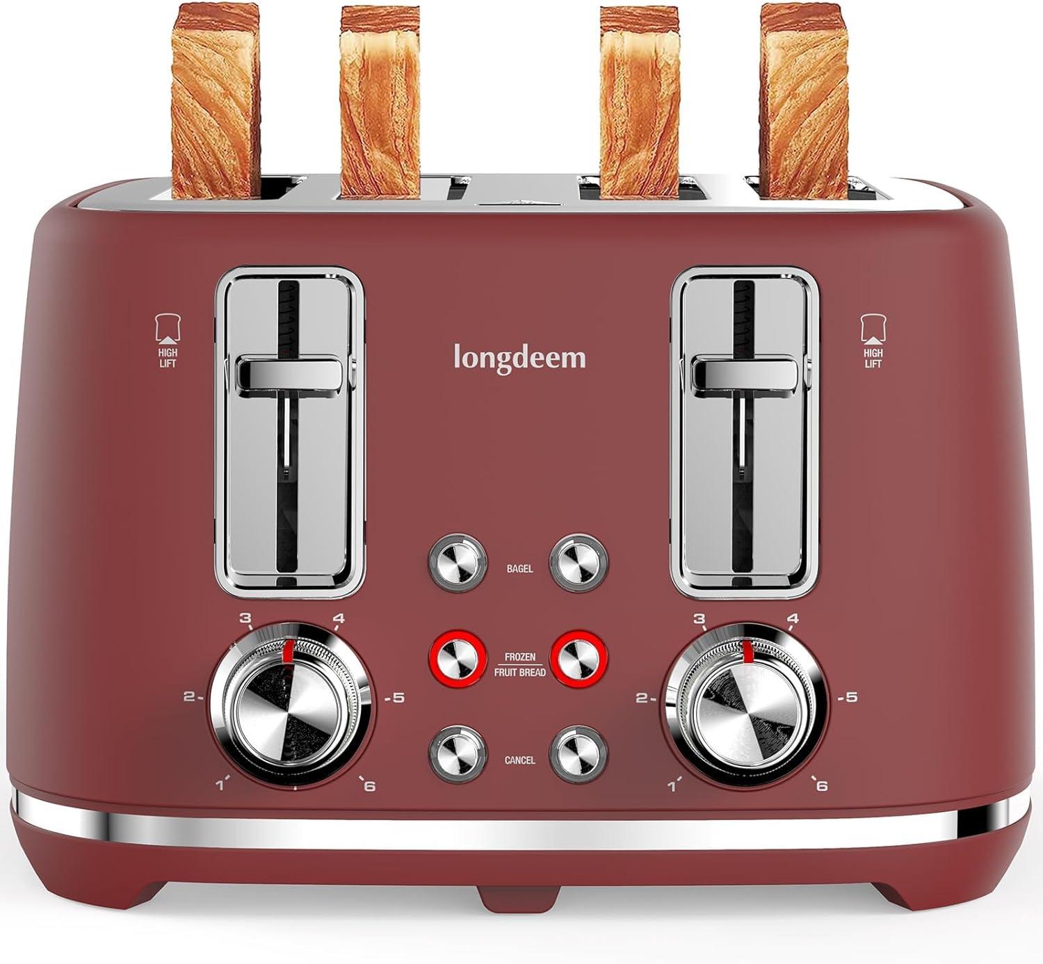 LONGDEEM 4 Slice Toaster, Extra Wide Slots, Longdeem Retro Stainless Steel Toasters, 6 Browning Options, Auto Shut Off & Frozen Function, Toast Fruit Bread, Bagel & Waffle