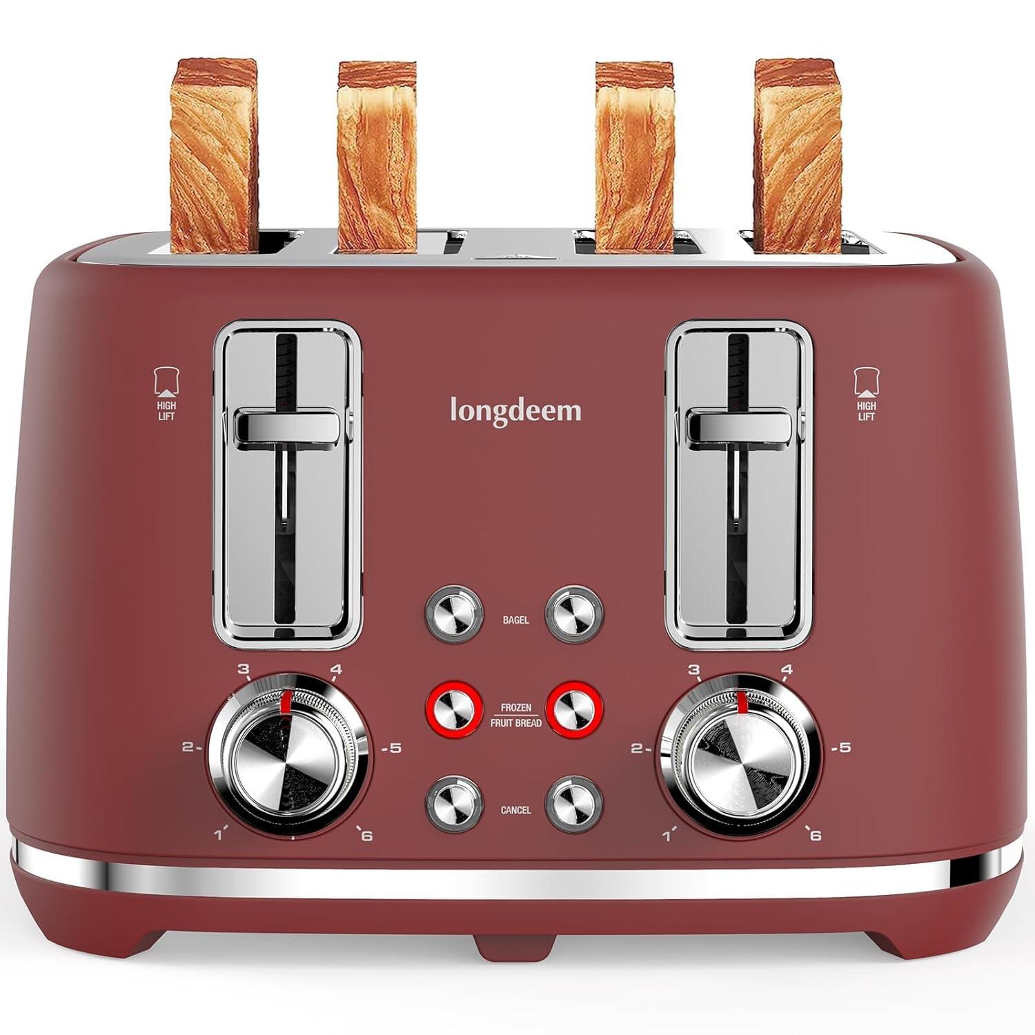LONGDEEM 4 Slice Toaster, Extra Wide Slots, Longdeem Retro Stainless Steel Toasters, 6 Browning Options, Auto Shut Off & Frozen Function, Toast Fruit Bread, Bagel & Waffle