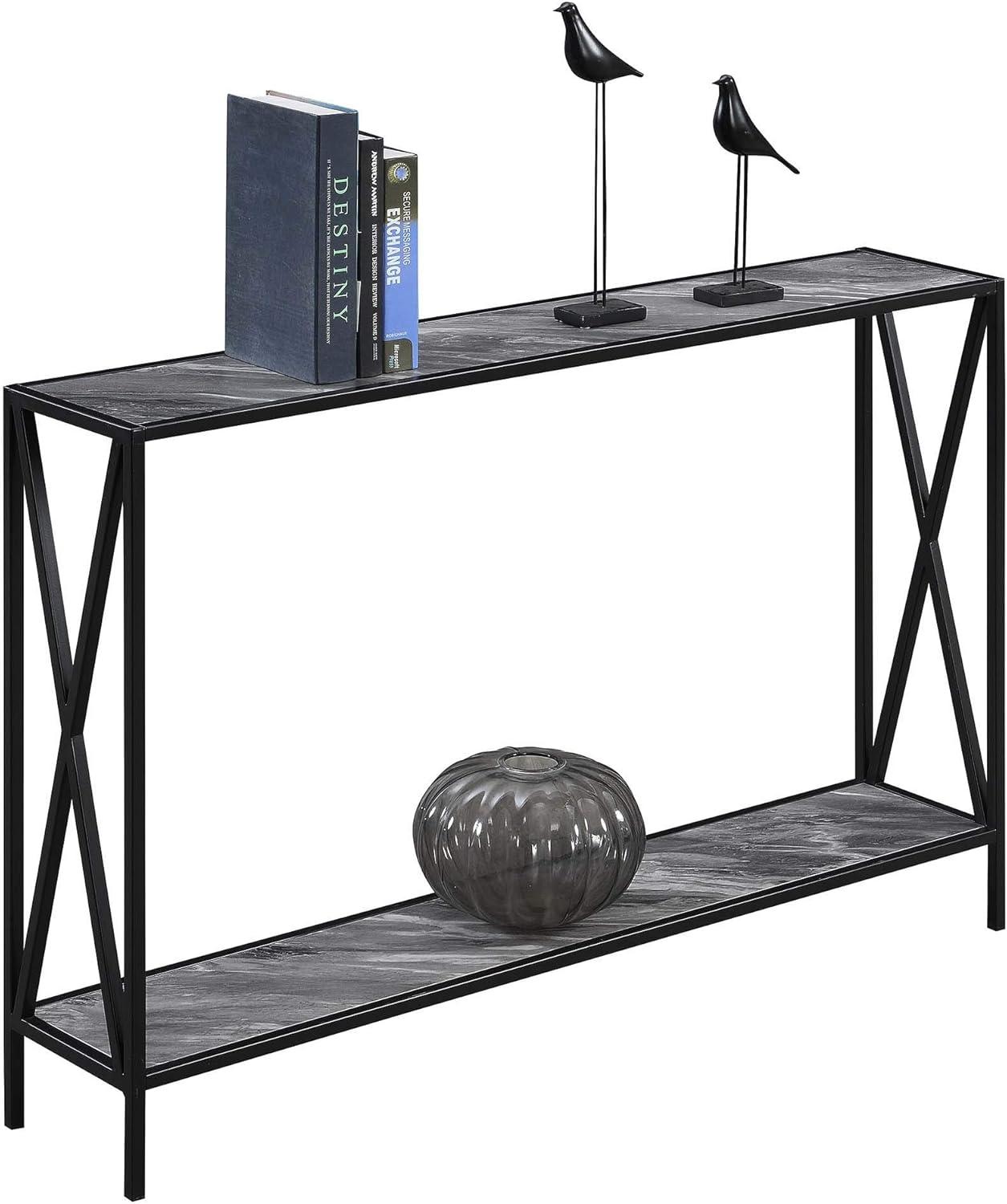 Gray Marble and Black Wood Console Table with Storage