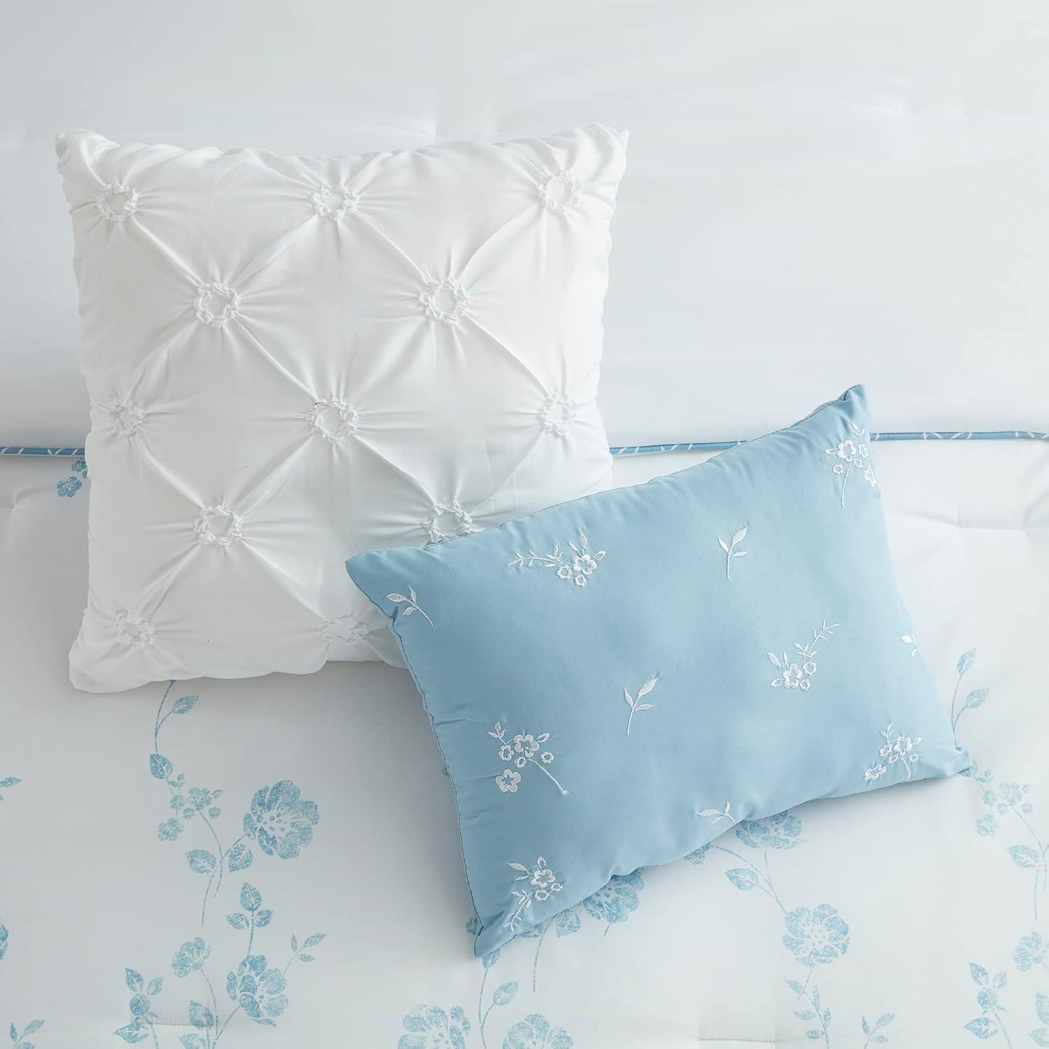 Adeline Queen White and Blue Reversible Microfiber Comforter Set