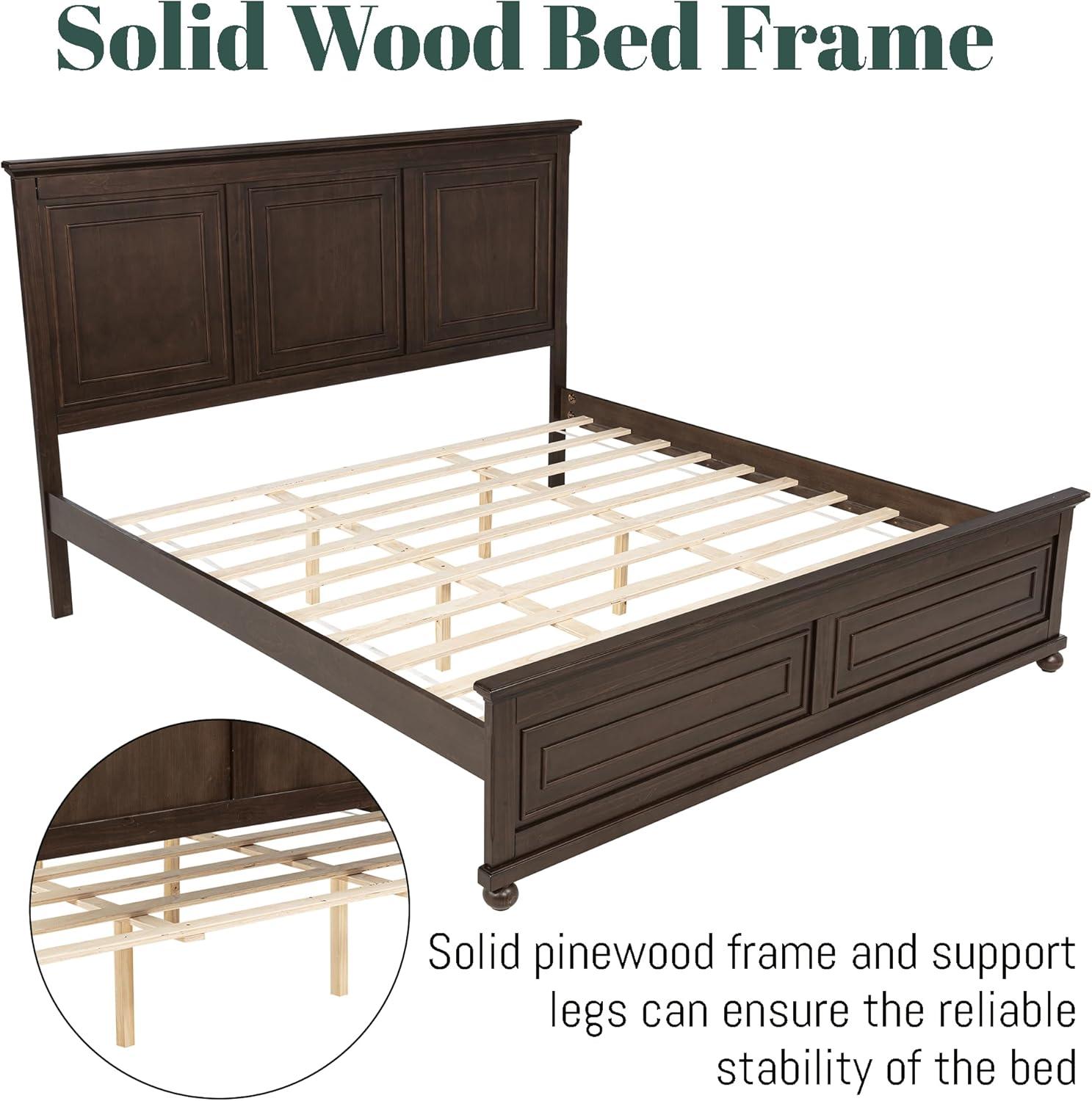 King Size Platform Bed with Tall Headboard & Footboard, Pinewood King Bed Frame with Wood Panel Bed Base, No Squeak, No Box Spring Needed, Traditional Style, Brown