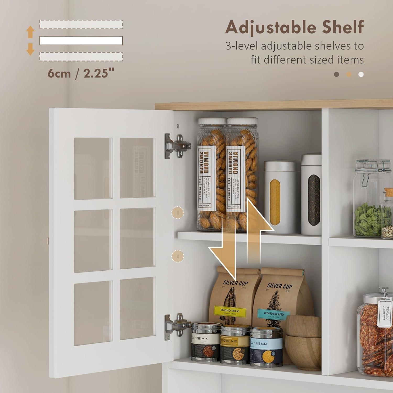 HOMCOM Kitchen Buffet with Hutch, Storage Pantry with 3 Cabinets, 2 Open Shelves and Large Countertop, White