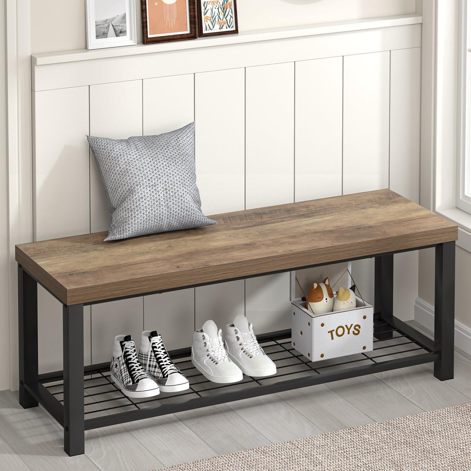 Rustic Oak 47" Industrial Wood and Metal Storage Bench