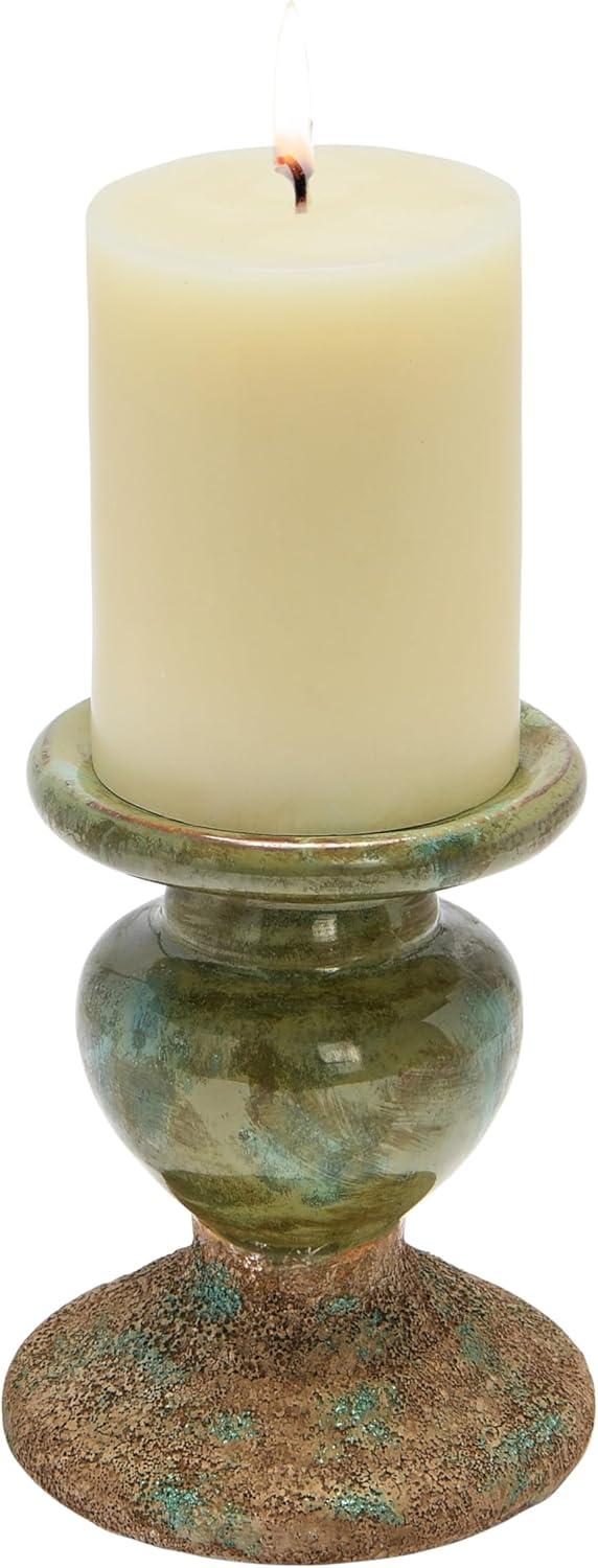 Distressed Green Ceramic Sculptural Pillar Candle Holder