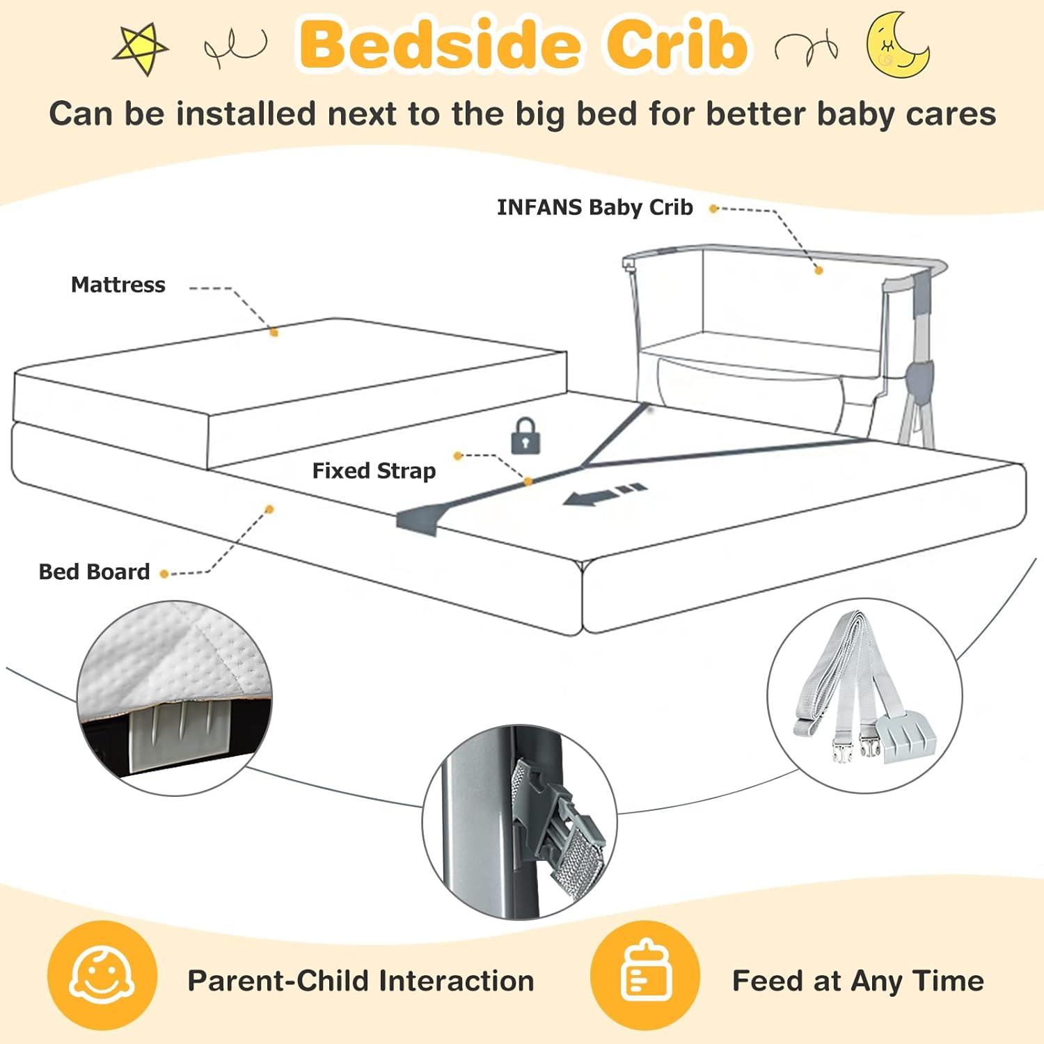 OLAKIDS Baby Bassinet Bedside Crib, Newborn Sleeper w/Large Storage Basket, Adjustable Heights & Angle, Detachable Mattress, Breathable Mesh, Easy Moving Bed Side, Dark Grey