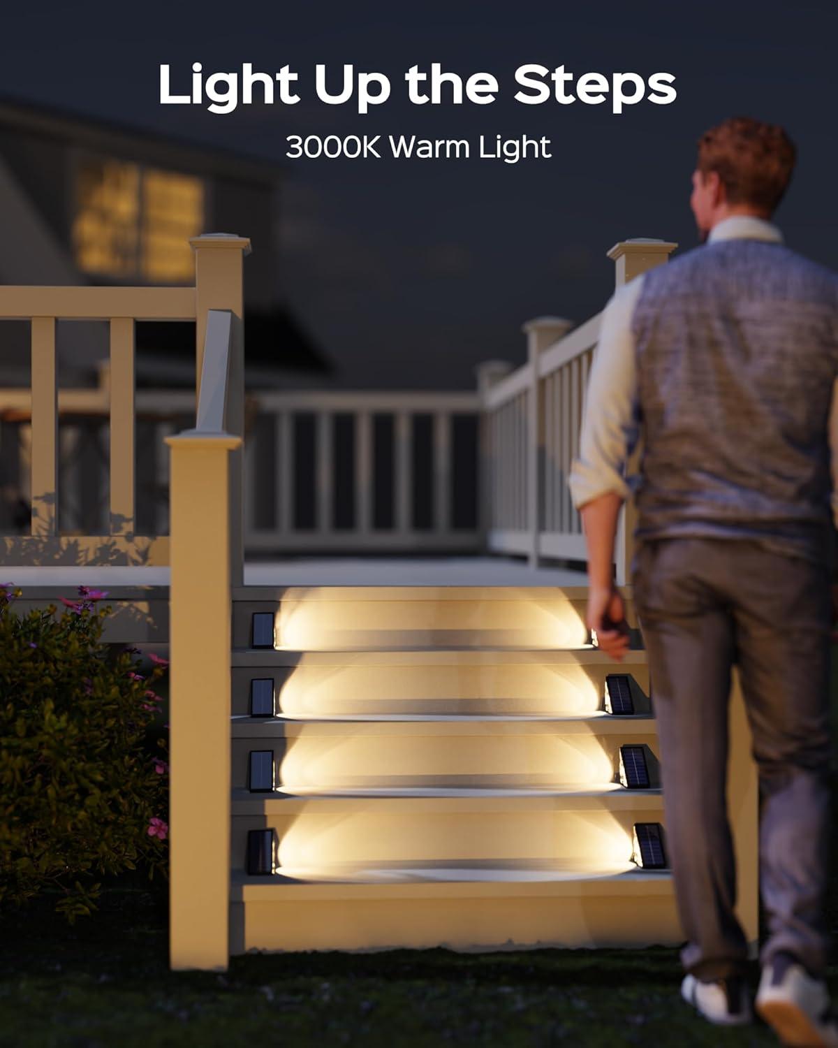 16 Pack Solar Step Lights Outdoor Waterproof LED Deck Lights Auto On Off Solar Stair Lights Outdoor Warm & RGB Color Changing Triangle Decor Lights for Steps in Patio Garden Yard Porch