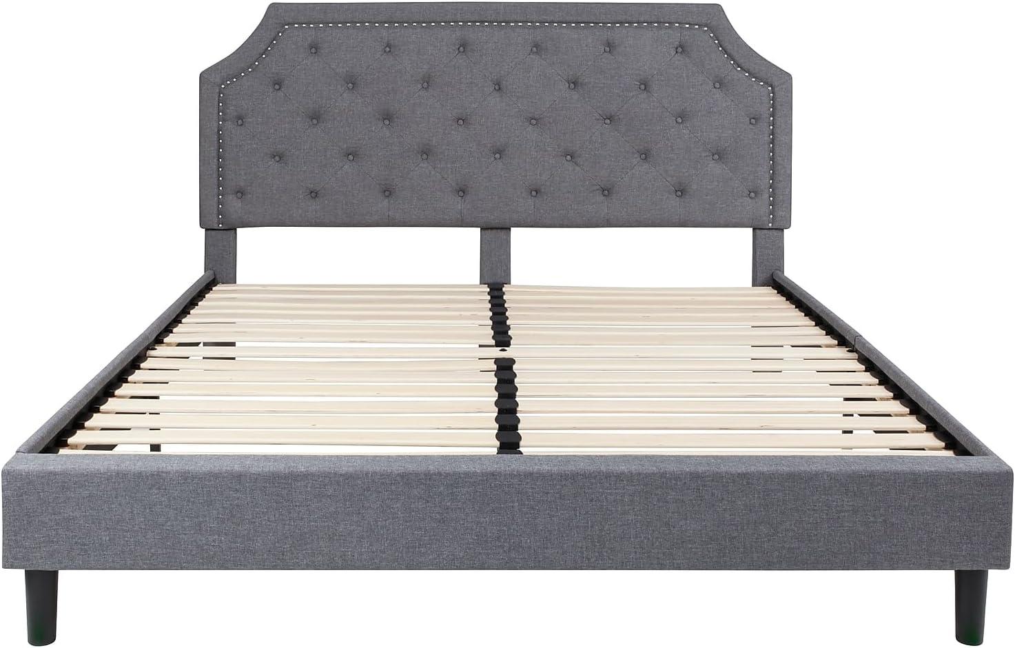 Elegant King-Sized Light Gray Upholstered Platform Bed with Nailhead Trim