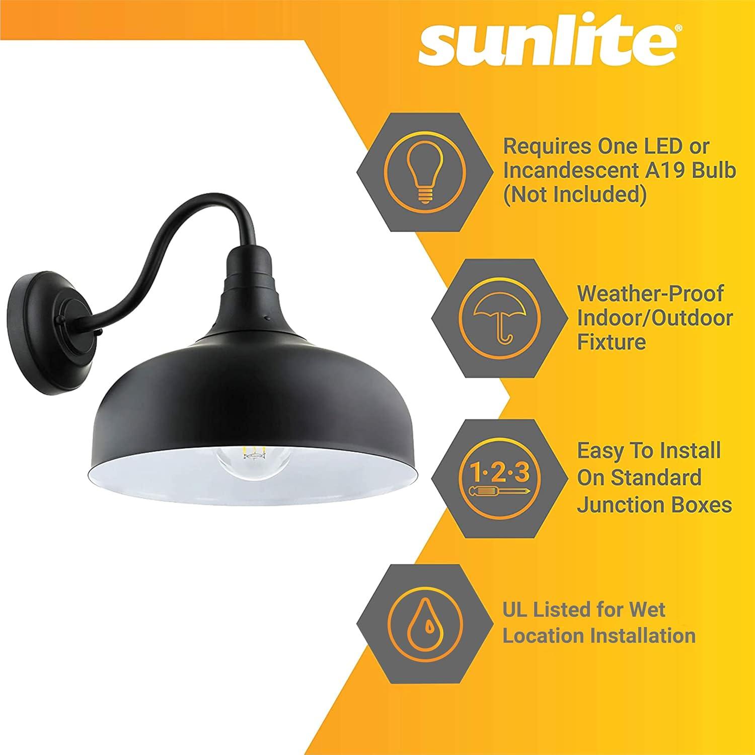 Sunlite Gooseneck Rustic Barn Light Fixture, Wall Mount, Medium Base (E26) Socket, Standard A19 Bulb Required (60W Max), 12 Inch, Indoor and Outdoor Use, UL Listed Wet Location, Black