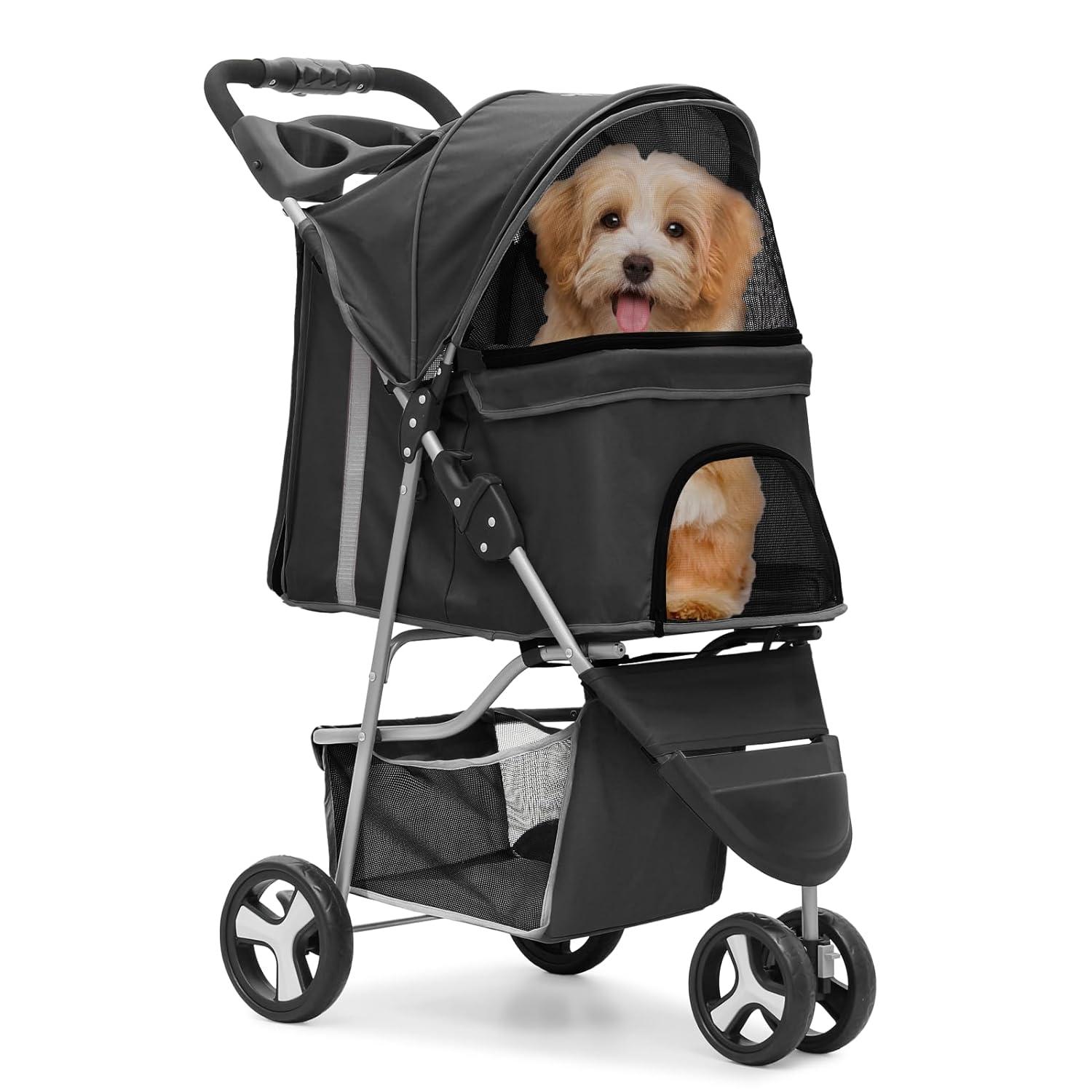 MoNiBloom Pet Dog Stroller, 3 Wheels Foldable Dog Cat Strollers with Storage Basket and Cup Holder for Small and Medium Cats, Dogs, Puppies, Black