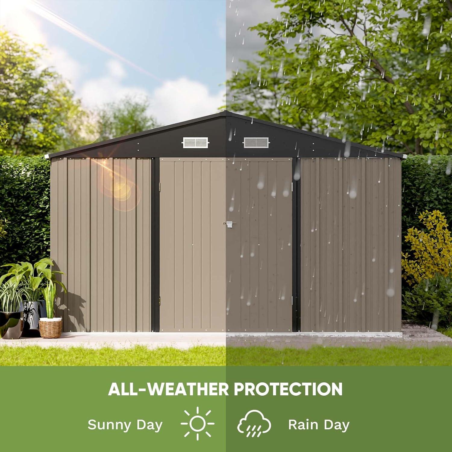 Patiowell 10' x 8' Outdoor Storage Shed with Floor Frame Kit, Metal Garden Tool Shed with Design of Lockable Doors, Utility and Tool Storage for Garden, Backyard, Patio, and Outside Use, Brown