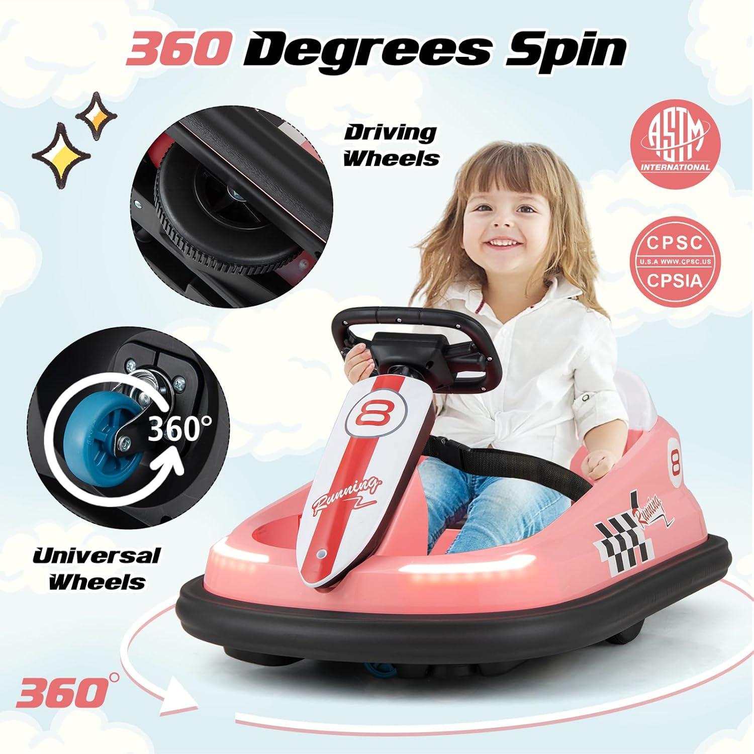 CIPACHO 6V Kids Ride-On Bumper Car with 360° Spinning and Dual Motors, Bumper Cars for Toddlers 2-5, Pink