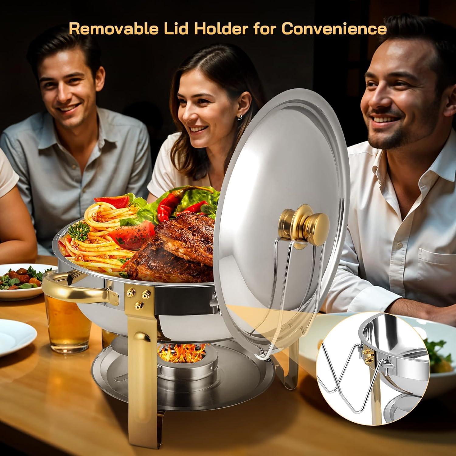 WhizMax Chafing Dish Buffet Set 2 Pack 5QT, Stainless Steel Round Chafing Dishes for Buffet with Lid Holder & Glass Lid, Gold