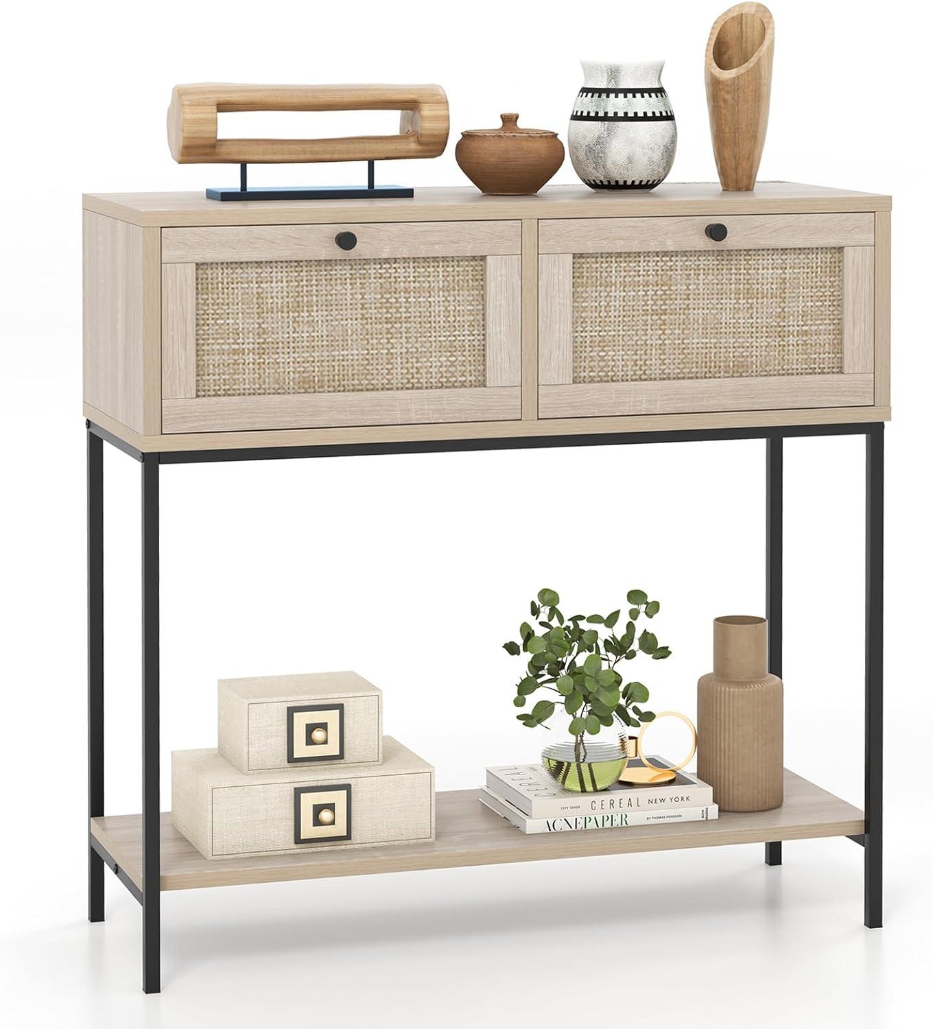 Tangkula Console Table Entryway Table Long Sofa Side Table w/ Open Shelf & Rattan Drawers