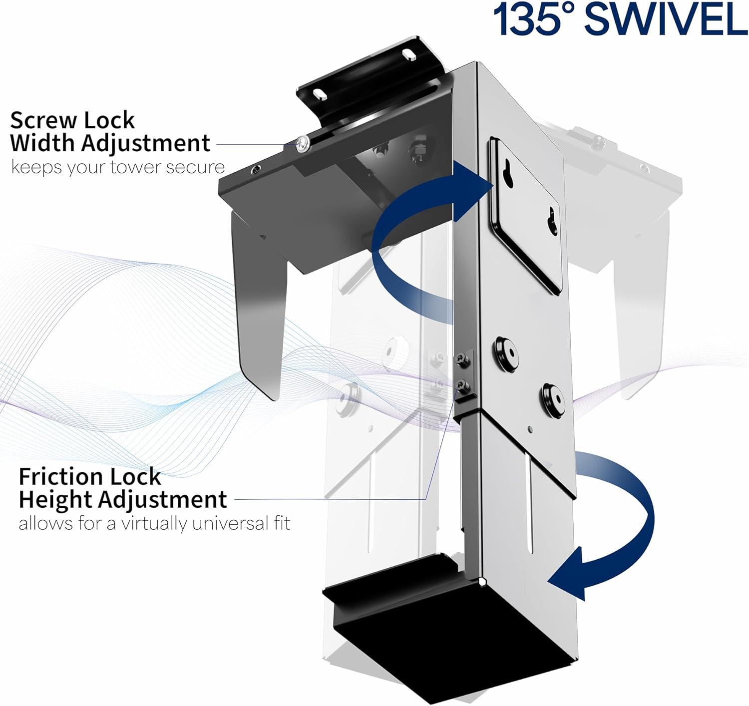 Adjustable Under Desk and Wall PC Mount, Computer Case CPU Holder with Swivel Action and Secure Locking, Black,