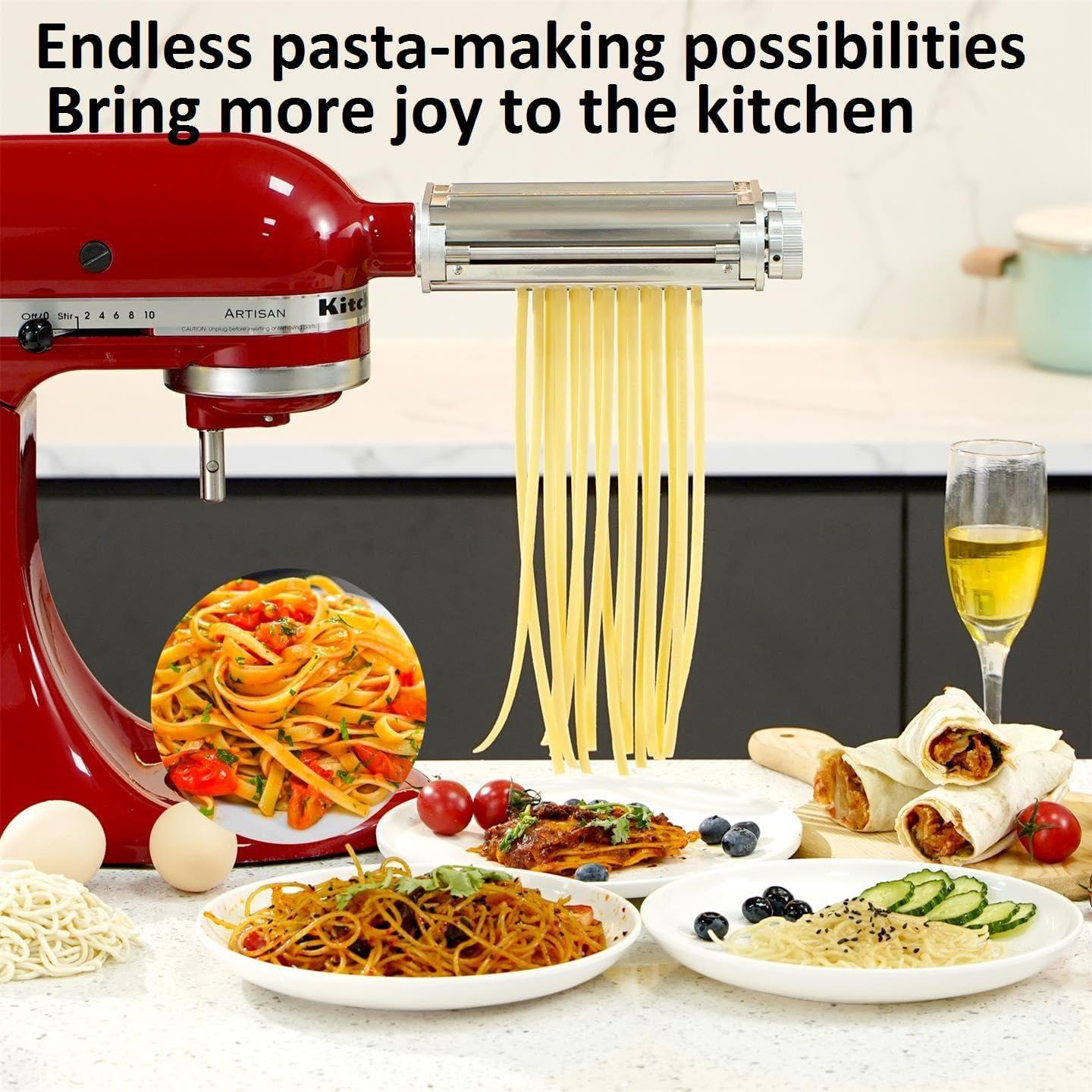 Pasta Maker Attachment for KitchenAid Mixers,3 in 1 Set Included Pasta Sheet Roller, Spaghetti Cutter, Fettuccine Cutter Accessories and Cleaning Brush
