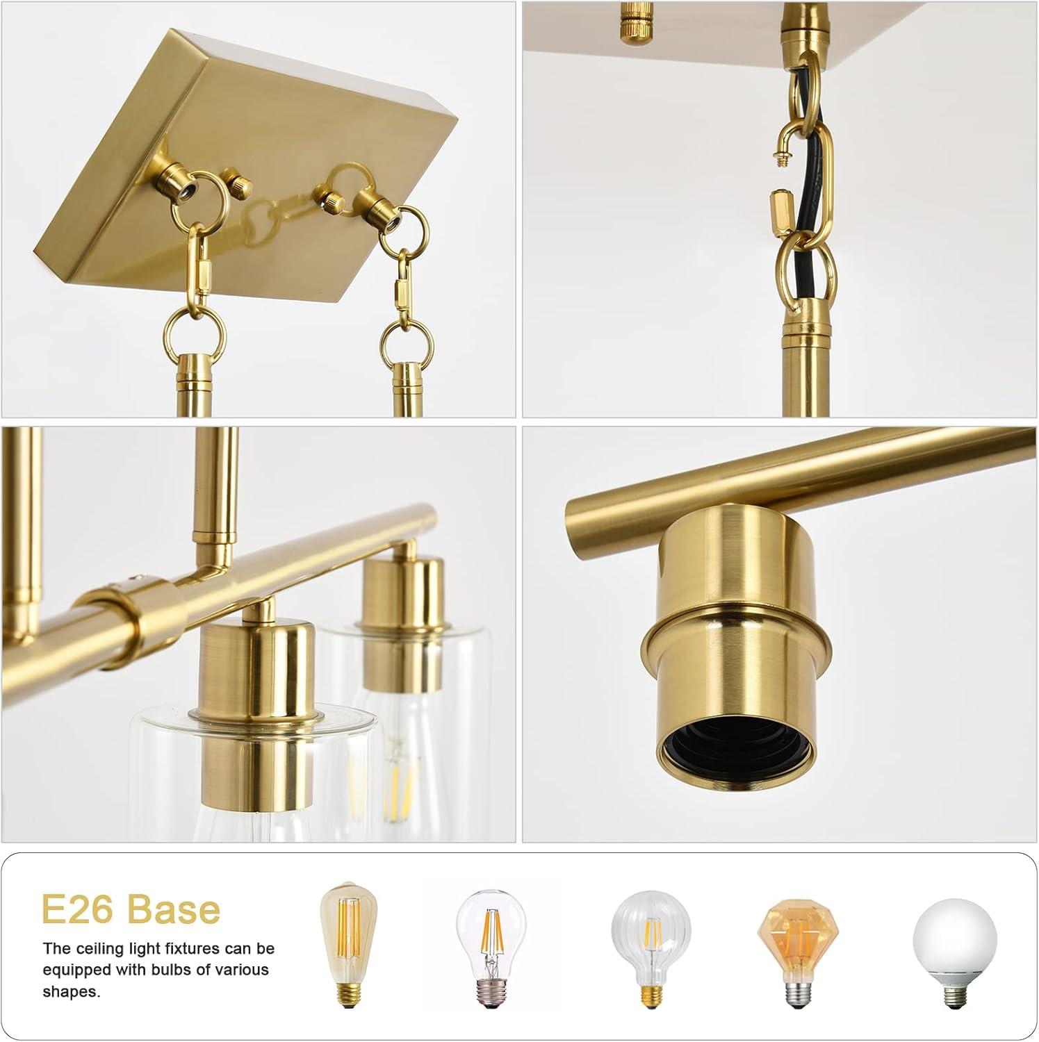 Modern Gold Kitchen Island Chandelier 4-Light Brushed Brass Farmhouse Pendant Light Industrial Kitchen Island Lighting Fixture with Glass Shades Hanging Lamp for Dining Living Room