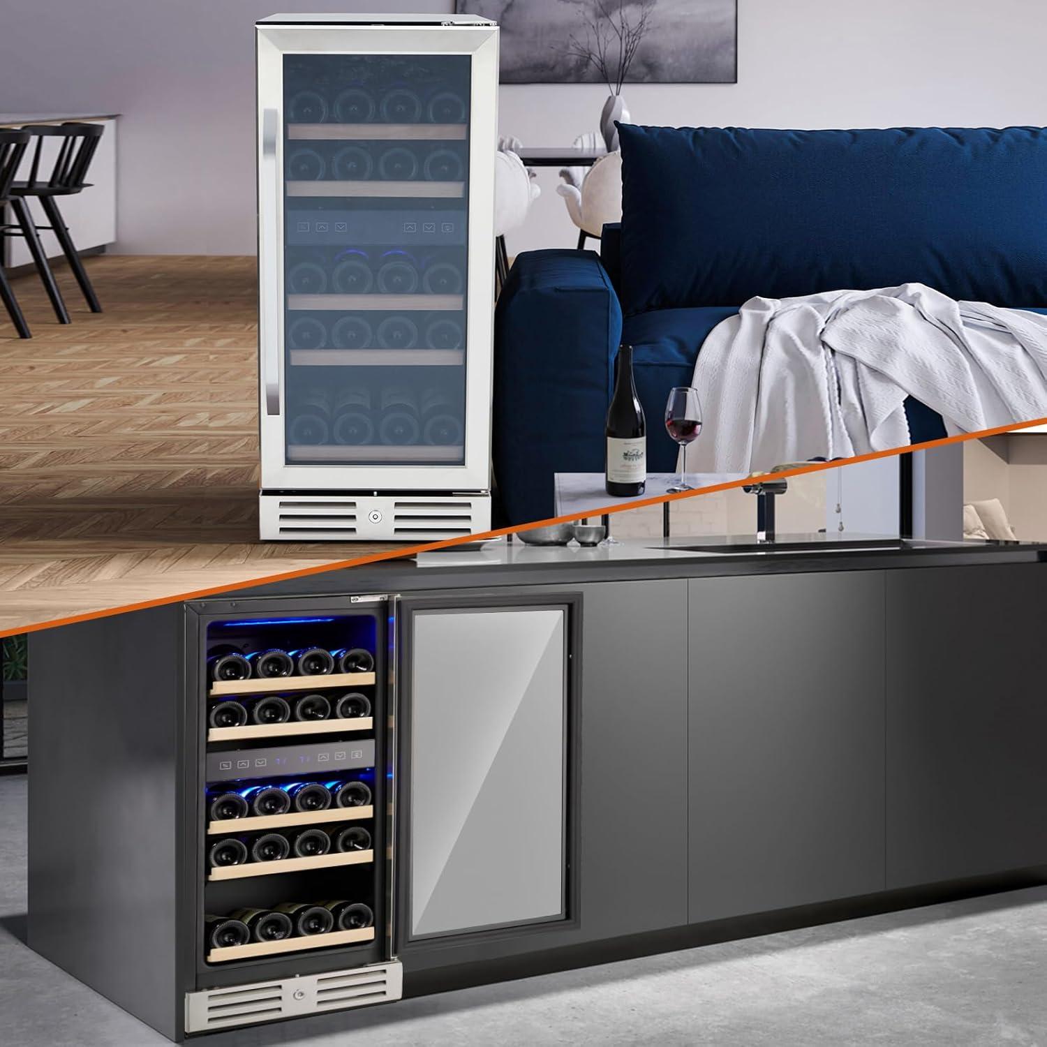 15 Inch Wine Cooler Under Counter, 29 Bottle Dual Zone Wine Fridge Wine Refrigerator with Stainless Steel Digital Temperature Control, Temperature Memory, Built-in or Freestanding Wine Cellar