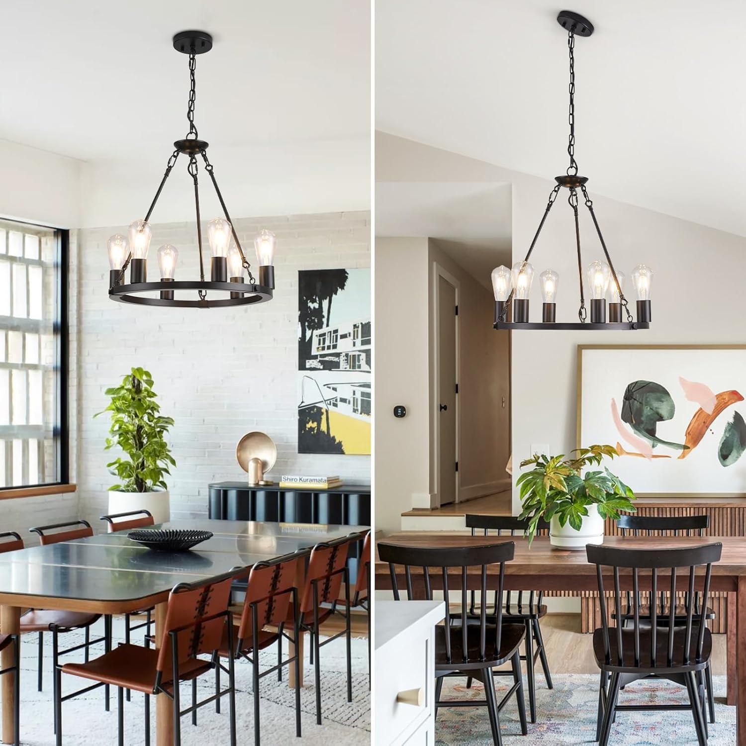 Farmhouse 6 Lights Black Wagon Wheel Chandelier,Modern Vintage Round Pendant Light Fixture for Dining Room,Living Room, Entryway Foyer Kitchen Island, E26