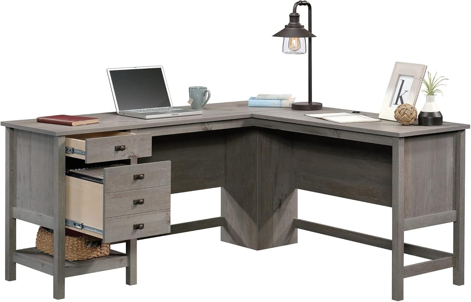 Cottage Road L-Shaped Desk Mystic Oak - Sauder: Home Office Furniture with Open Shelf & Grommets