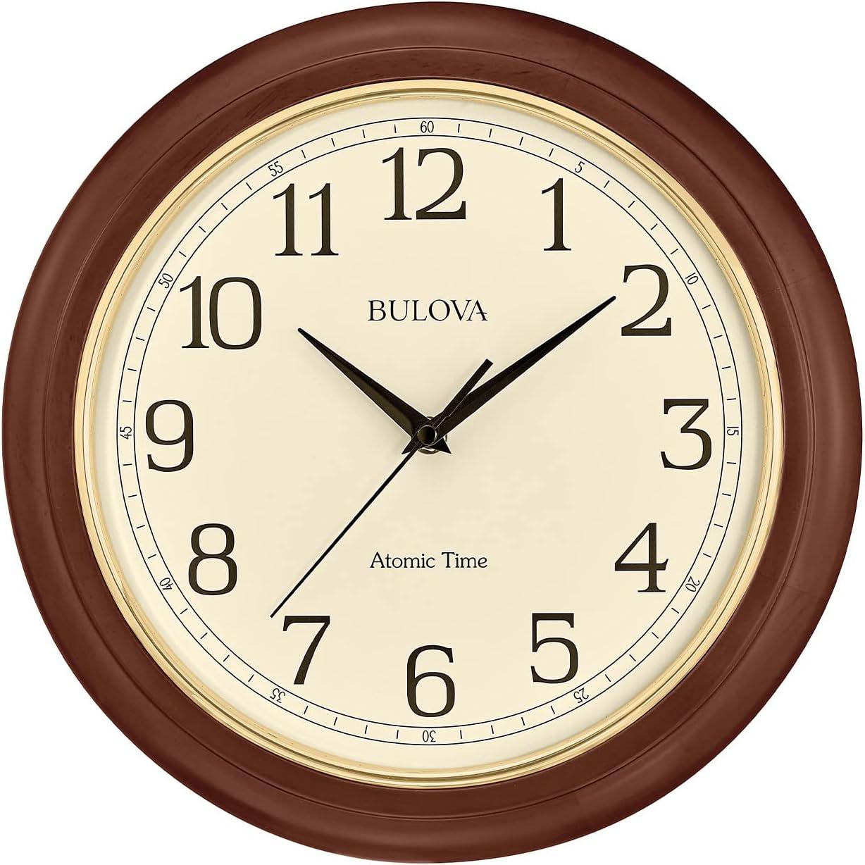 12" Cherry Brown Wooden Analog Wall Clock with Gold Bezel