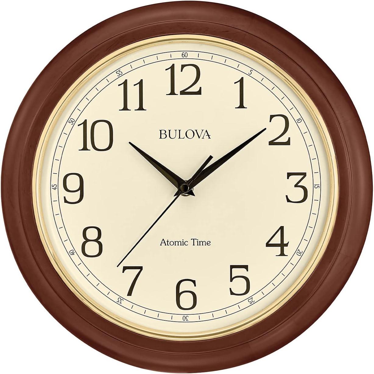Bulova Clocks Atomic Time  Analog Quartz Wall Clock, Warm Brown Cherry