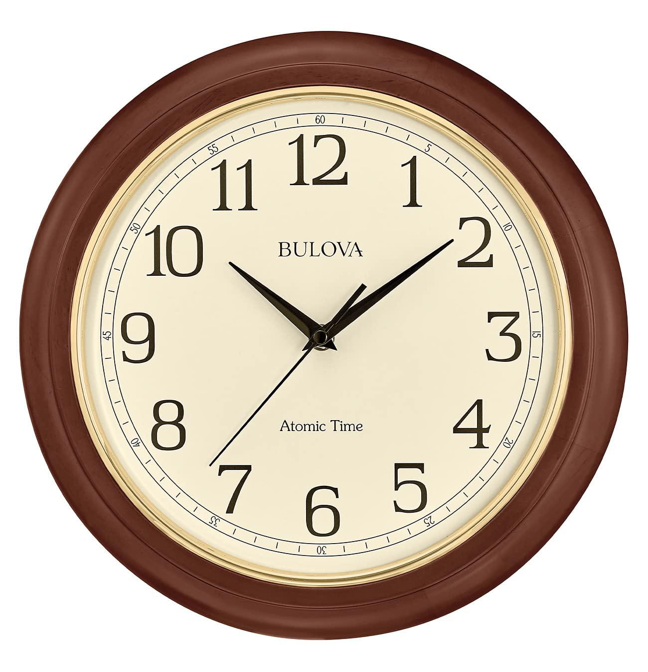 Bulova Clocks Atomic Time  Analog Quartz Wall Clock, Warm Brown Cherry