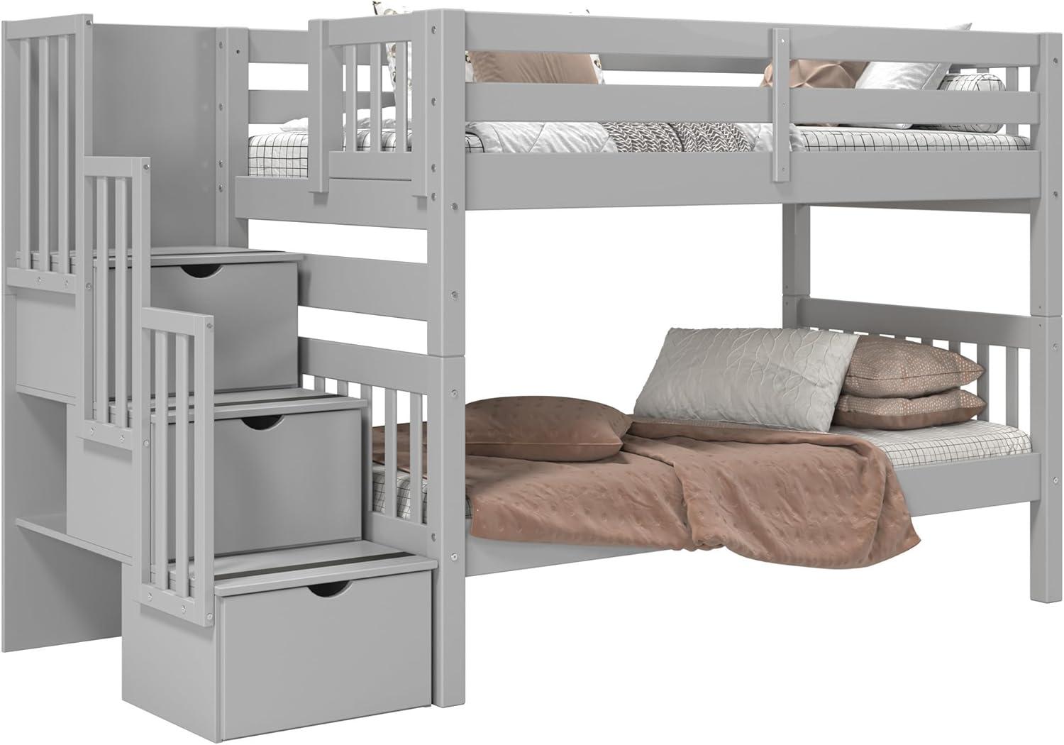 Bedz King Stairway Bunk Beds Twin over Twin with 3 Drawers in the Steps and 2 Under Bed Drawers, Dark Cherry