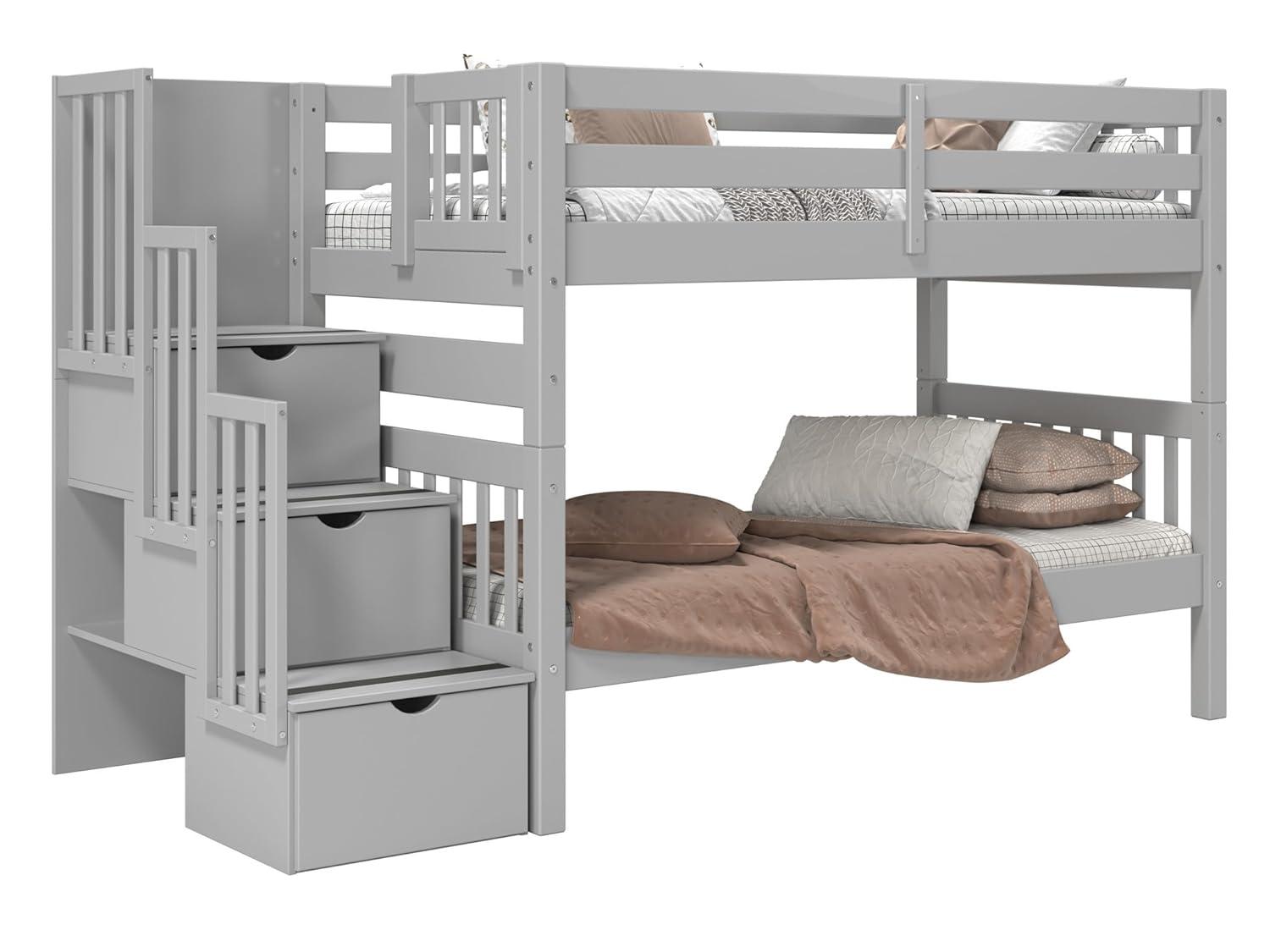 Bedz King Stairway Bunk Beds Twin over Twin with 3 Drawers in the Steps and 2 Under Bed Drawers, Dark Cherry