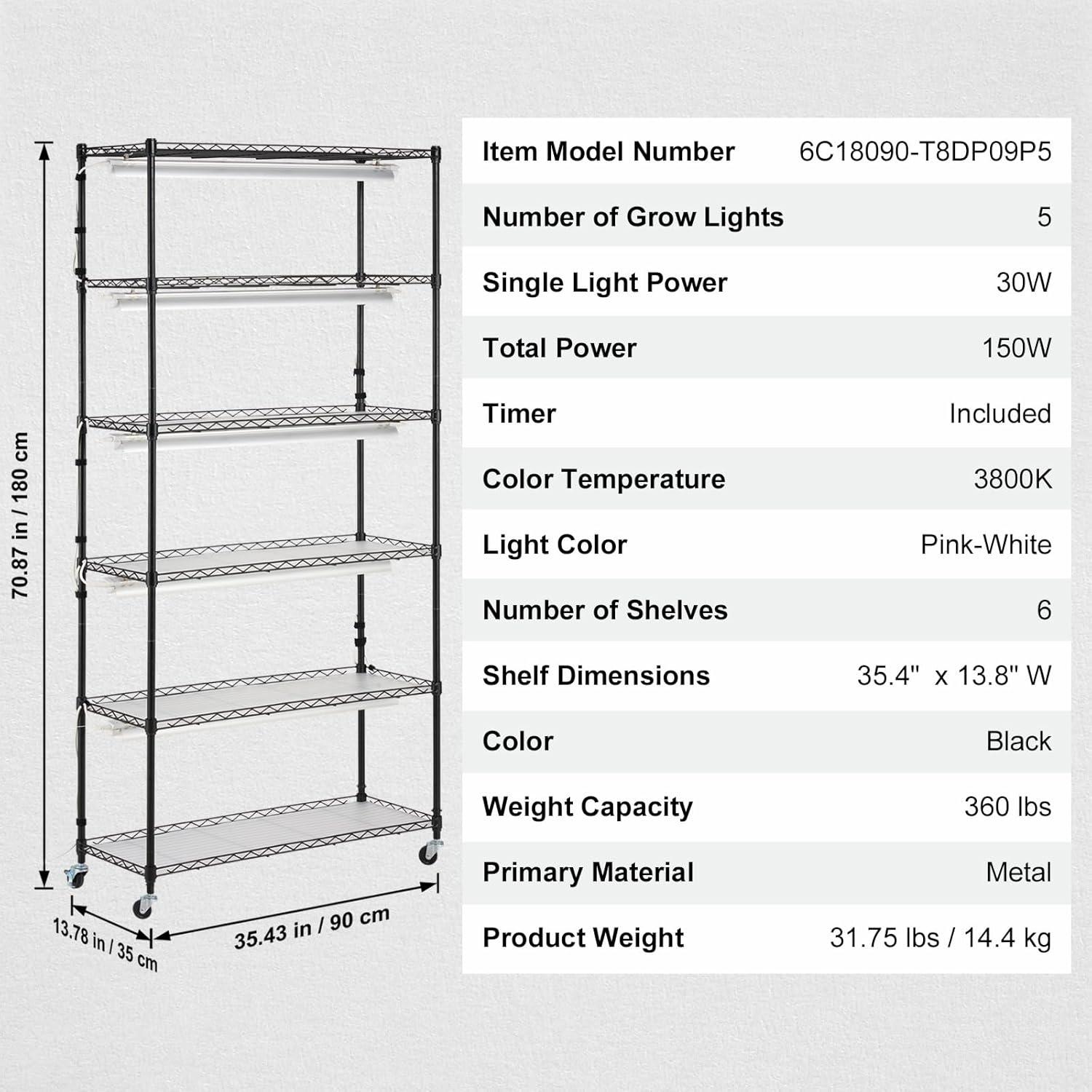 Black Steel 6-Tier Plant Shelf with LED Grow Lights