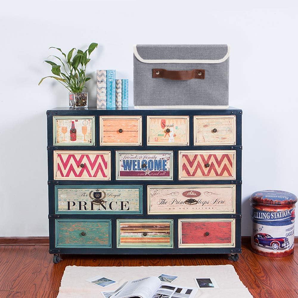 Gray Collapsible Fabric Storage Cubes with Lids and Faux Leather Handles