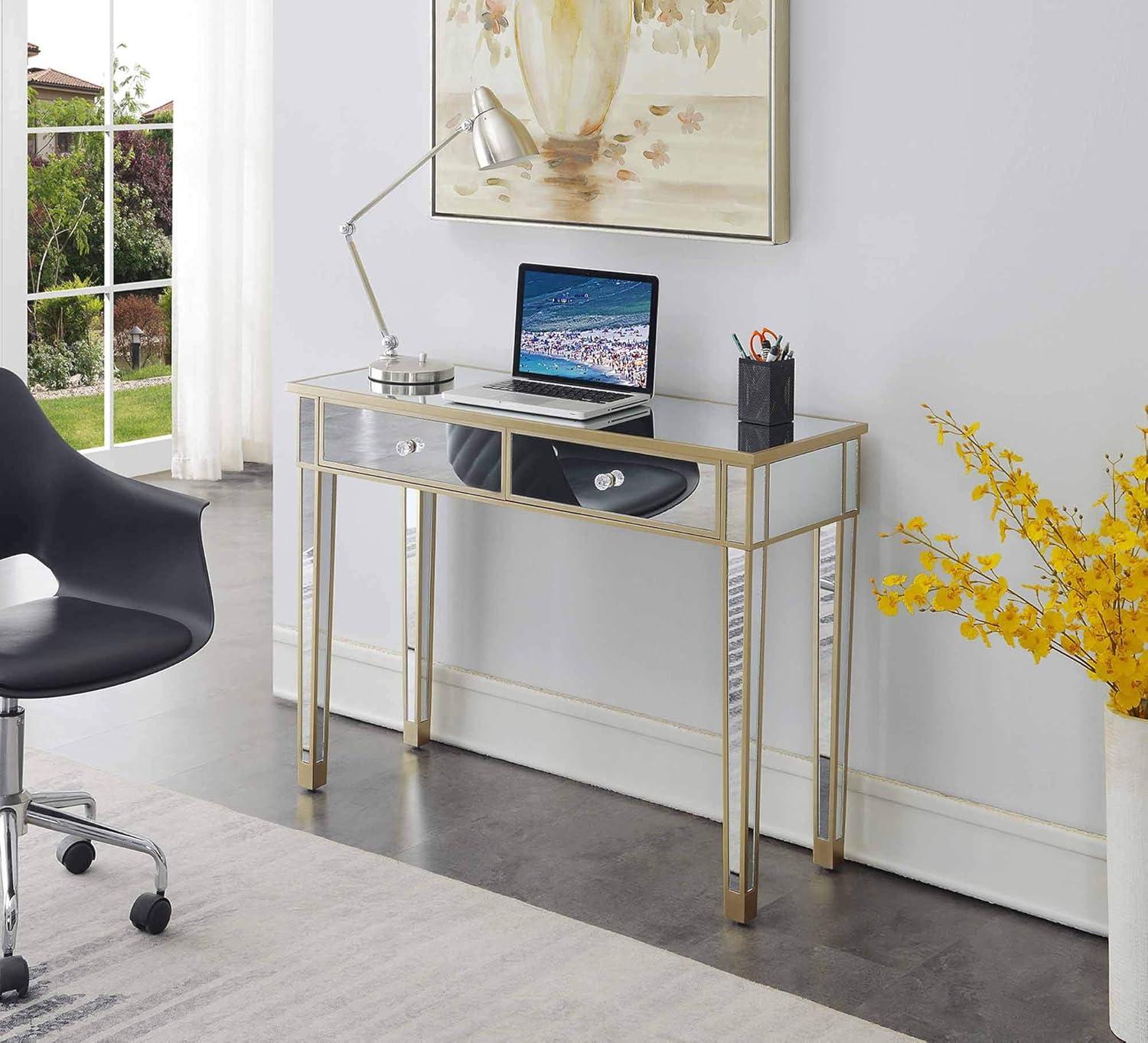 Chic Champagne Mirrored 2-Drawer Console Desk with Crystal Knobs