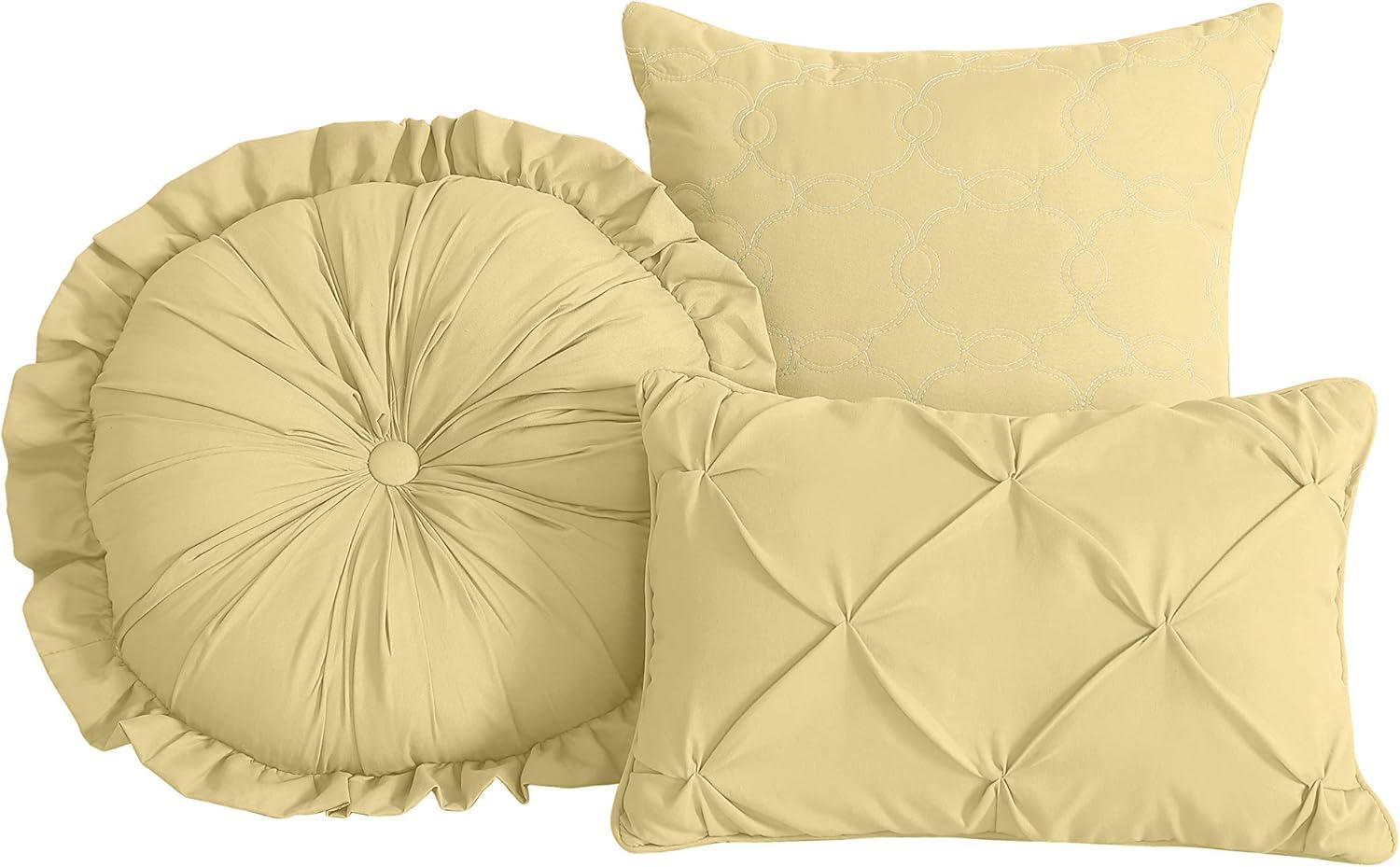 7-Piece Pinch Pleat Pintuck Bedding Comforter Set for Bedroom, Home, Dorm, Apartment, Full, Yellow