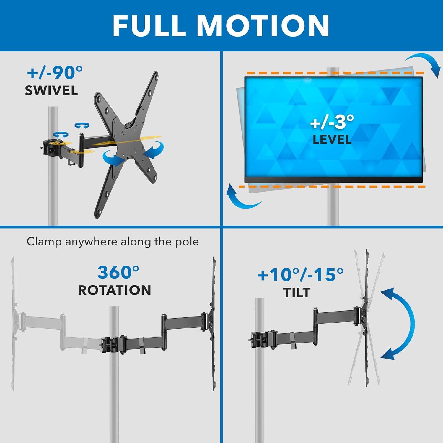 Mount-It! TV Pole Mount, Full Motion Bracket for TVs up to 55 in. | VESA Compatible | Articulating Arm w/ Clamp Mounting Base for Indoor & Outdoor Use