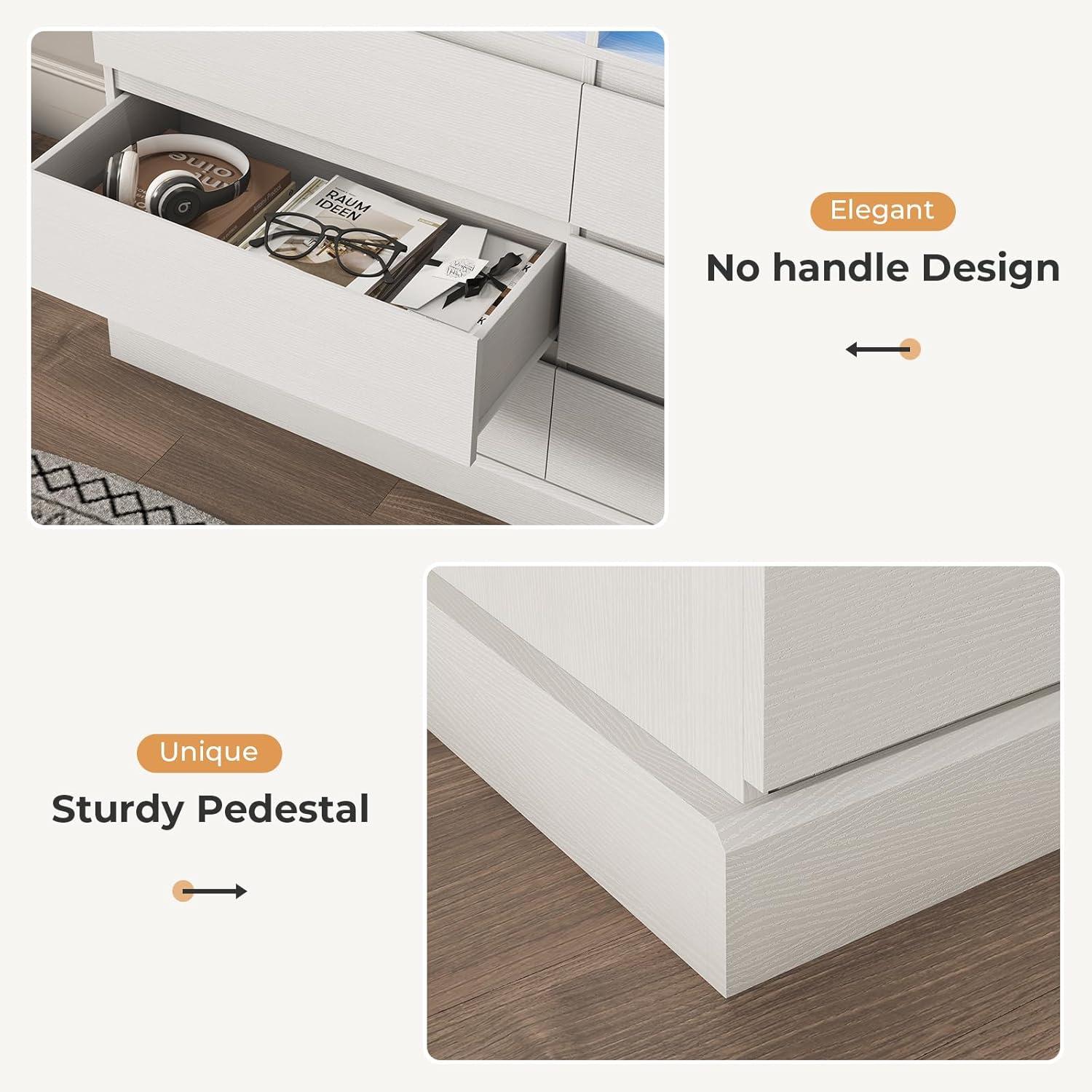 6 Drawers Dresser Storage Cabinets for Bedroom, Dresser Chest of Drawers with Charging Station&LED Lights for Living Room, White