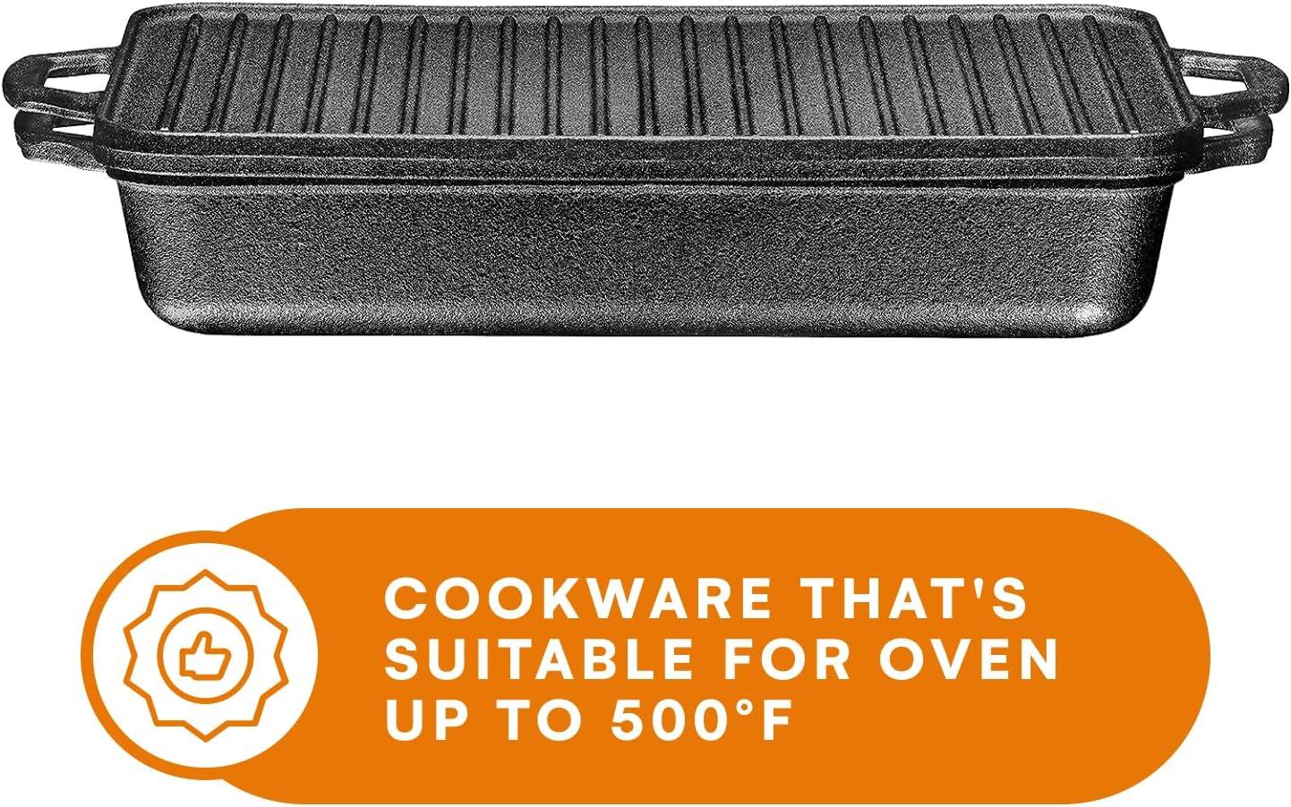 Bruntmor 3-In-1 Pre-Seasoned Cast Iron Pan with Reversible Grill Griddle Lid - 17.8"x11"x3.3" Non-Stick Multi Cooker Deep Roasting Grill Pan - Dutch Oven, Frying or Roasting Pan for Open Fire Camping