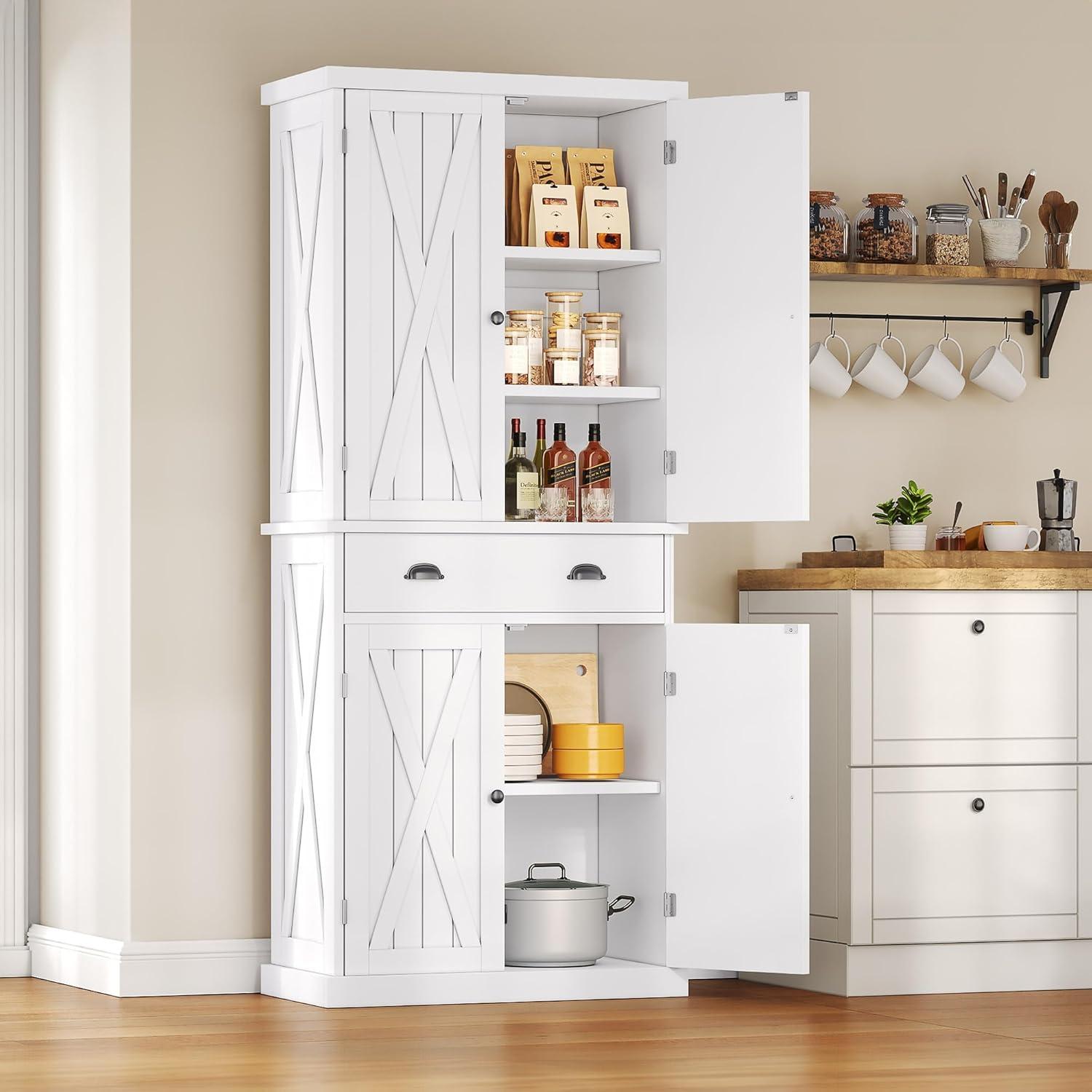 Gracie Oaks Sneyd 72" H Wood Farmhouse Kitchen Pantry Cabinet with Adjustable Shelves & Drawer