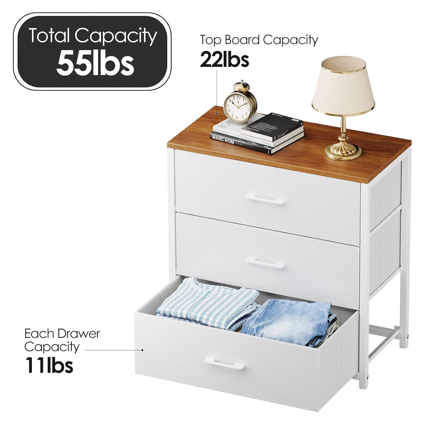 Nightstand,Farmhouse Night stand with 3 Storage Drawer,Small Dresser for Bedroom,Chest of Drawers Fabric Dressers with Steel Frame,Wooden Top Front Bedside Table for Small Space,White+walnut