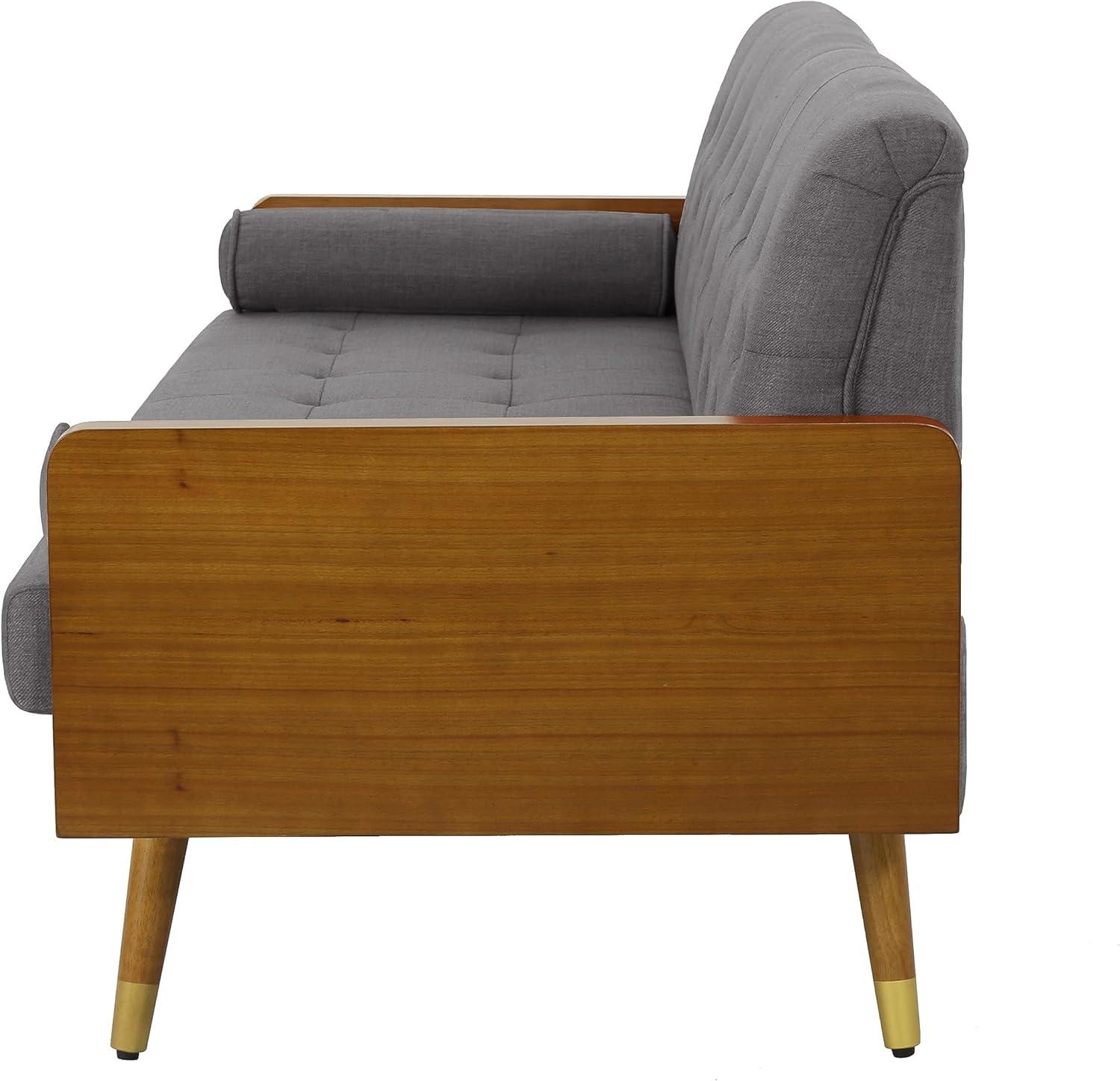 GDFStudio Aidan Mid Century Modern 72.25" Tufted Upholstered 3 Seater Sofa,Gray/Dark Walnut/Gold