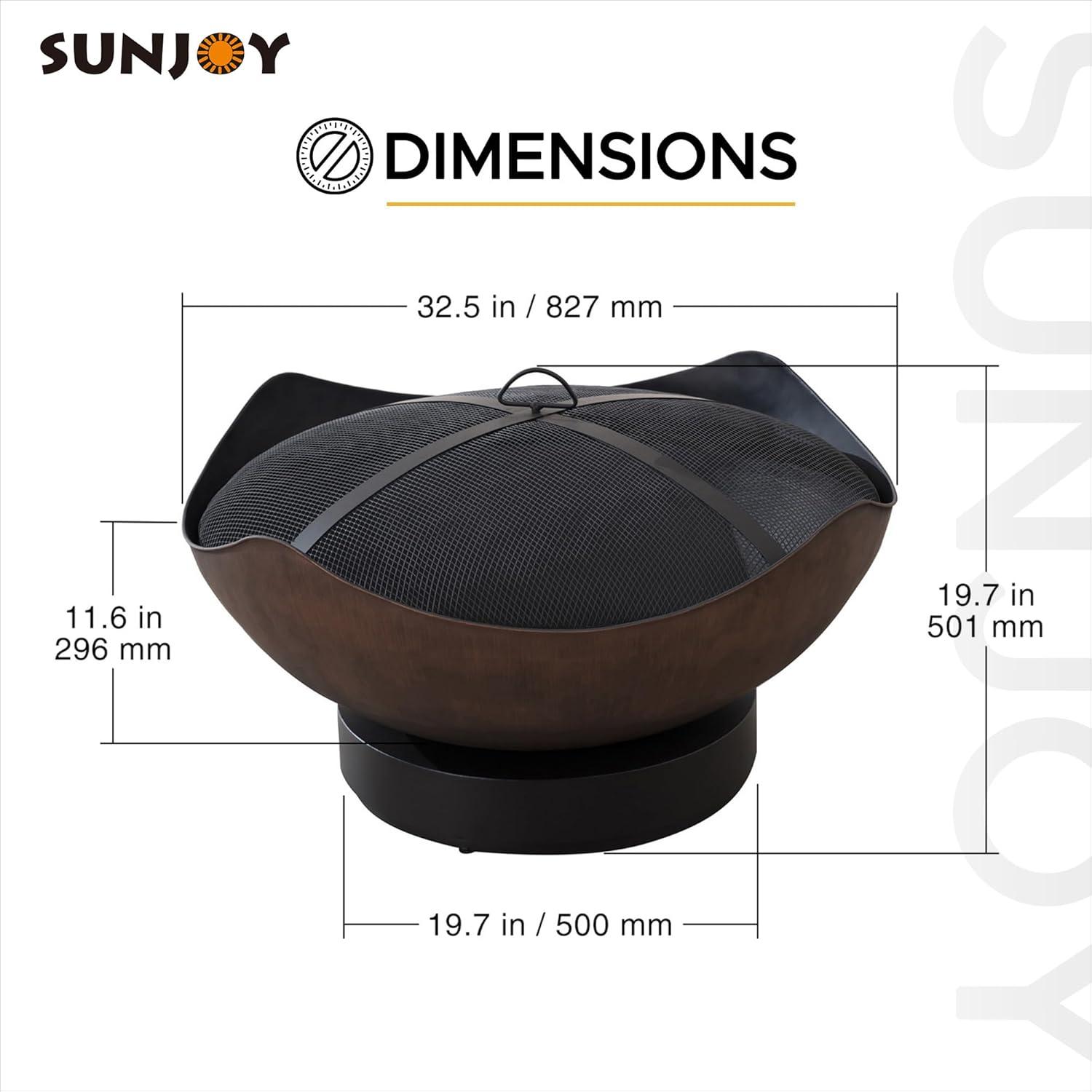 SUNJOY Outdoor Fire Pit 32 Inch Copper Steel Wood Burning Patio Fire Pit with Spark Screen and Fire Poker