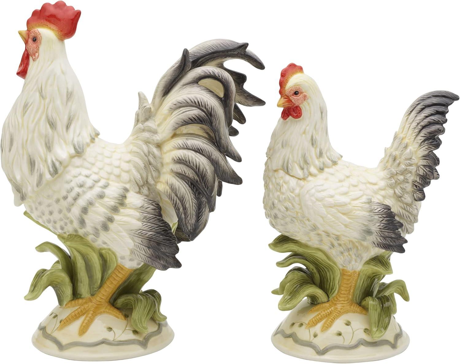 Hand-Painted Ceramic Rooster & Hen Figurine Set