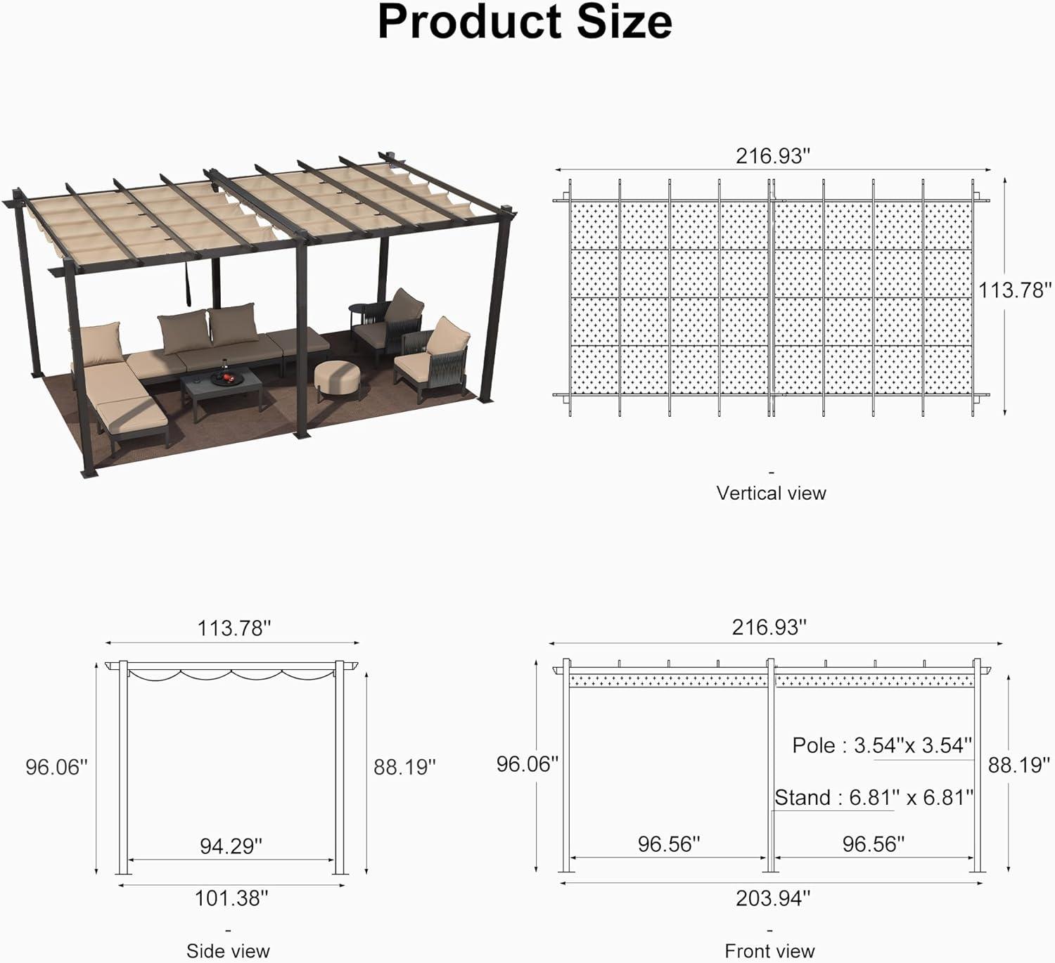 Beige 10' x 18' Aluminum Pergola with Retractable Canopy