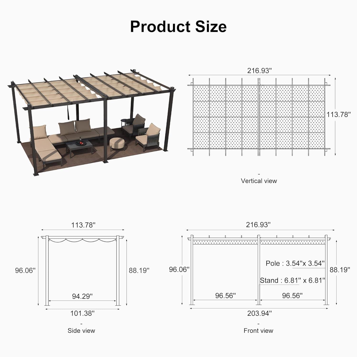 PURPLE LEAF 10' X 18' Outdoor Pergola with Retractable Canopy Aluminum Shelter for Porch Garden Sun Shade Beach Pavilion Grape Trellis Grill Gazebo Modern Backyard Deck Metal Patio Pergola Beige